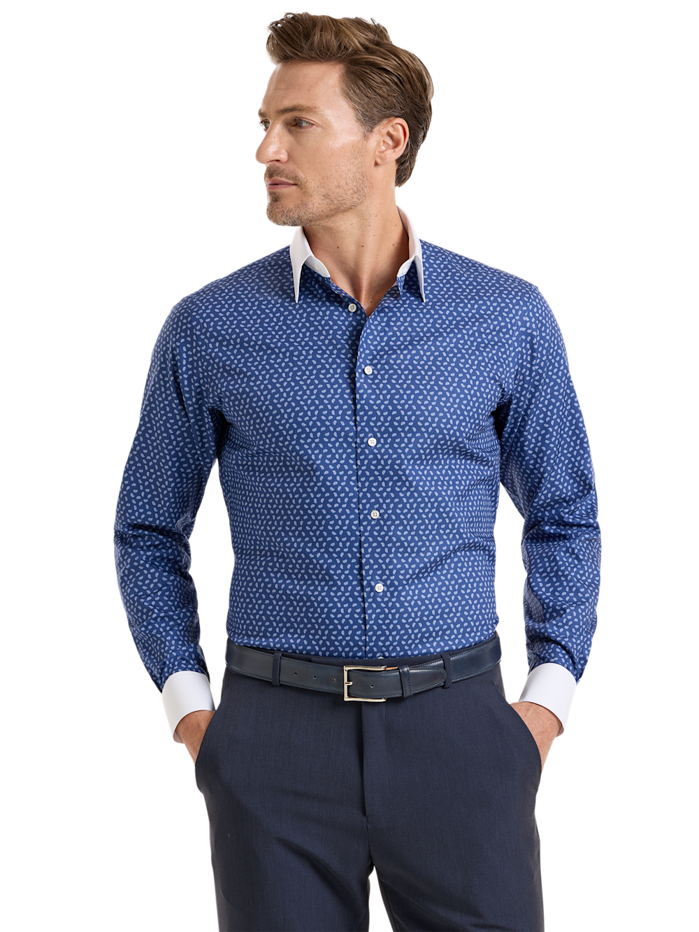 Alternate Shot of Men's Navy Paisley Pattern Shirts No Trim Detail - 1