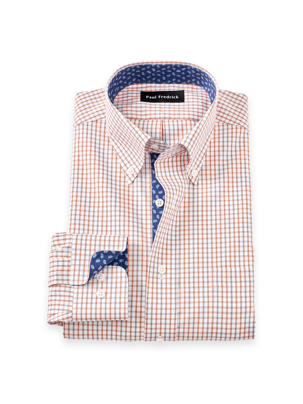 Men's White/Orange Check Shirts Trim Inside Neckband  Inside Cuffs  Button Side Of Placket