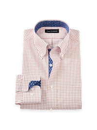 Non-Iron Cotton Check Dress Shirt With Contrast Trim - White/orange
