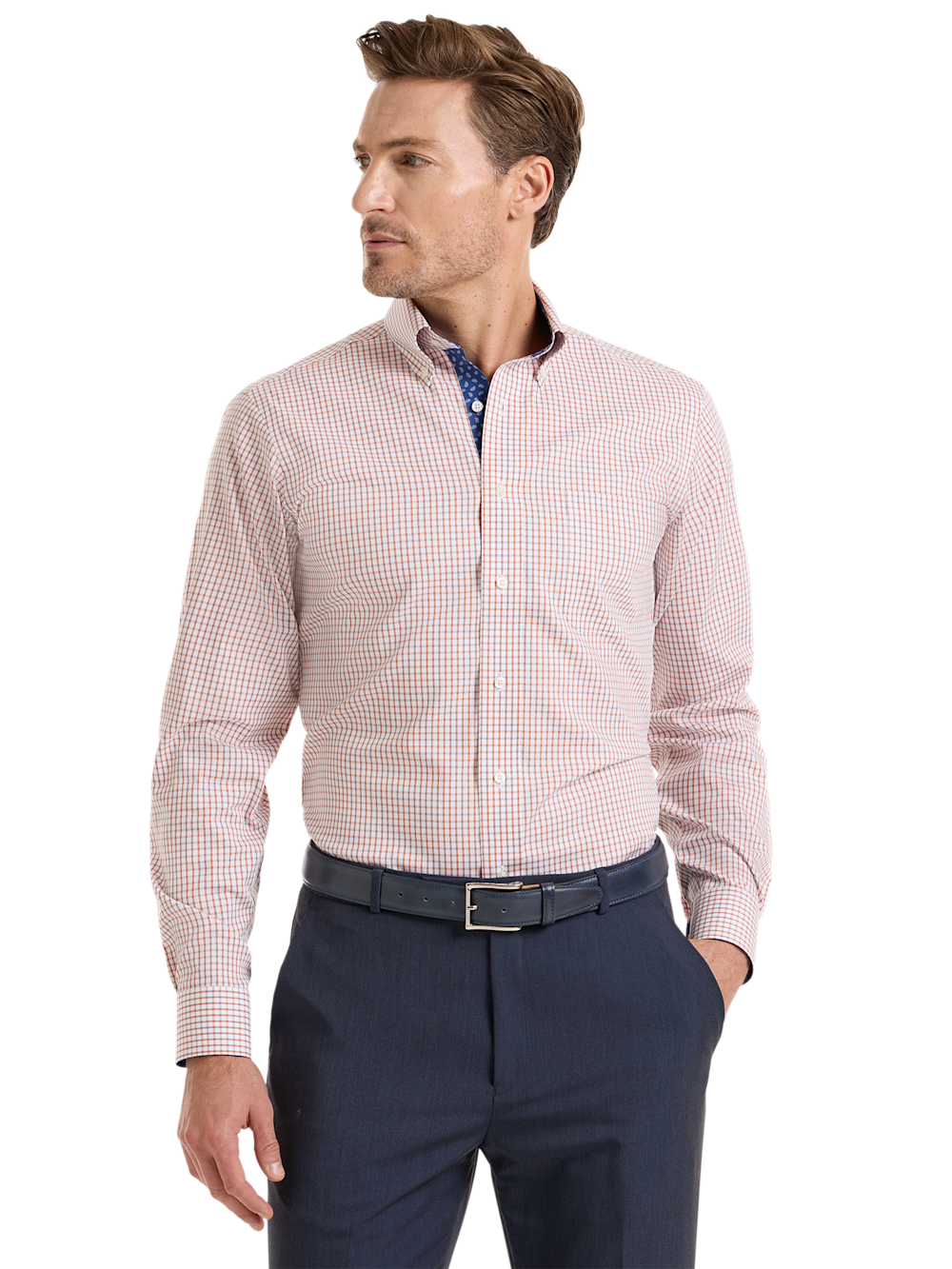 Alternate Shot of Men's White/Orange Check Shirts Trim Inside Neckband  Inside Cuffs  Button Side Of Placket - 1