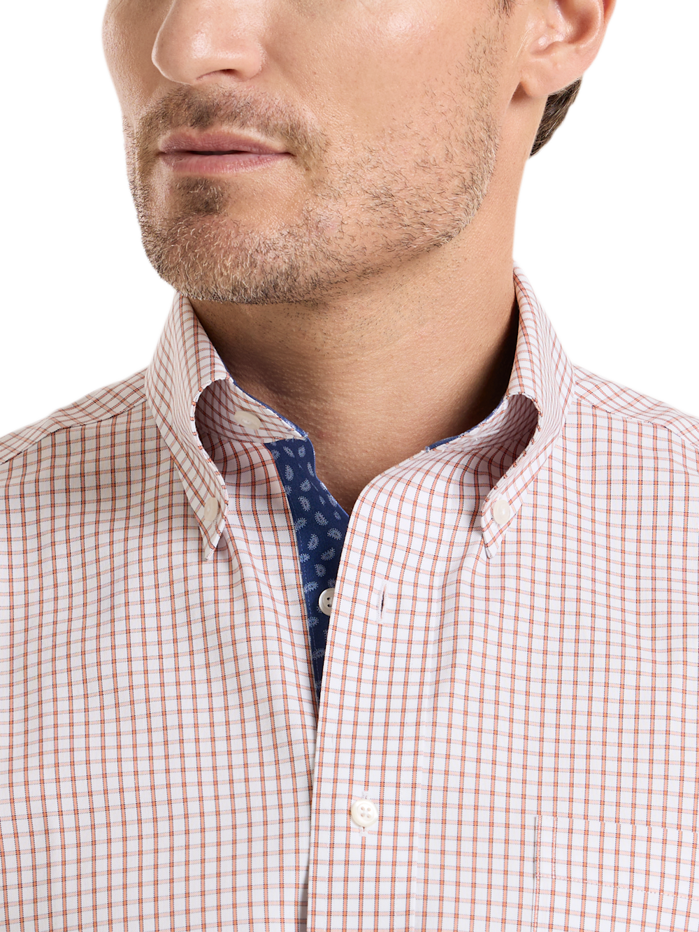 Alternate Shot of Men's White/Orange Check Shirts Trim Inside Neckband  Inside Cuffs  Button Side Of Placket - 2