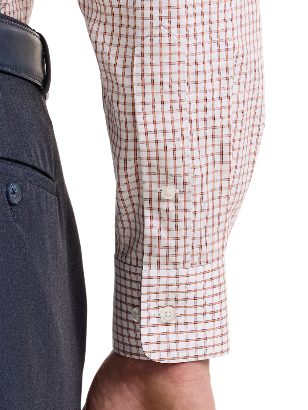 Alternate Shot of Men's White/Orange Check Shirts Trim Inside Neckband  Inside Cuffs  Button Side Of Placket - 3