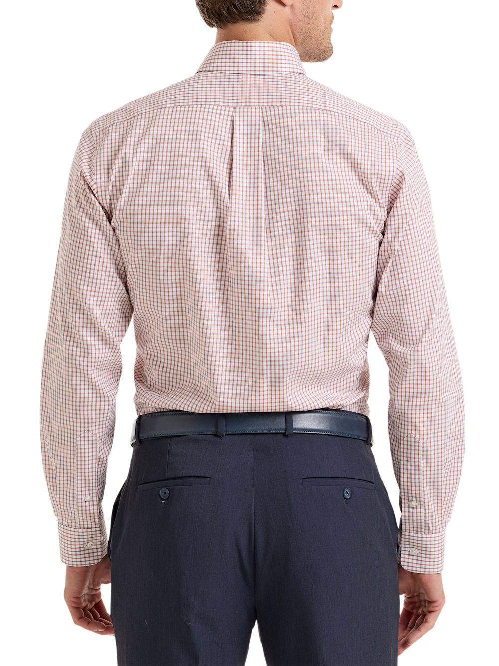 Alternate Shot of Men's White/Orange Check Shirts Trim Inside Neckband  Inside Cuffs  Button Side Of Placket - 4