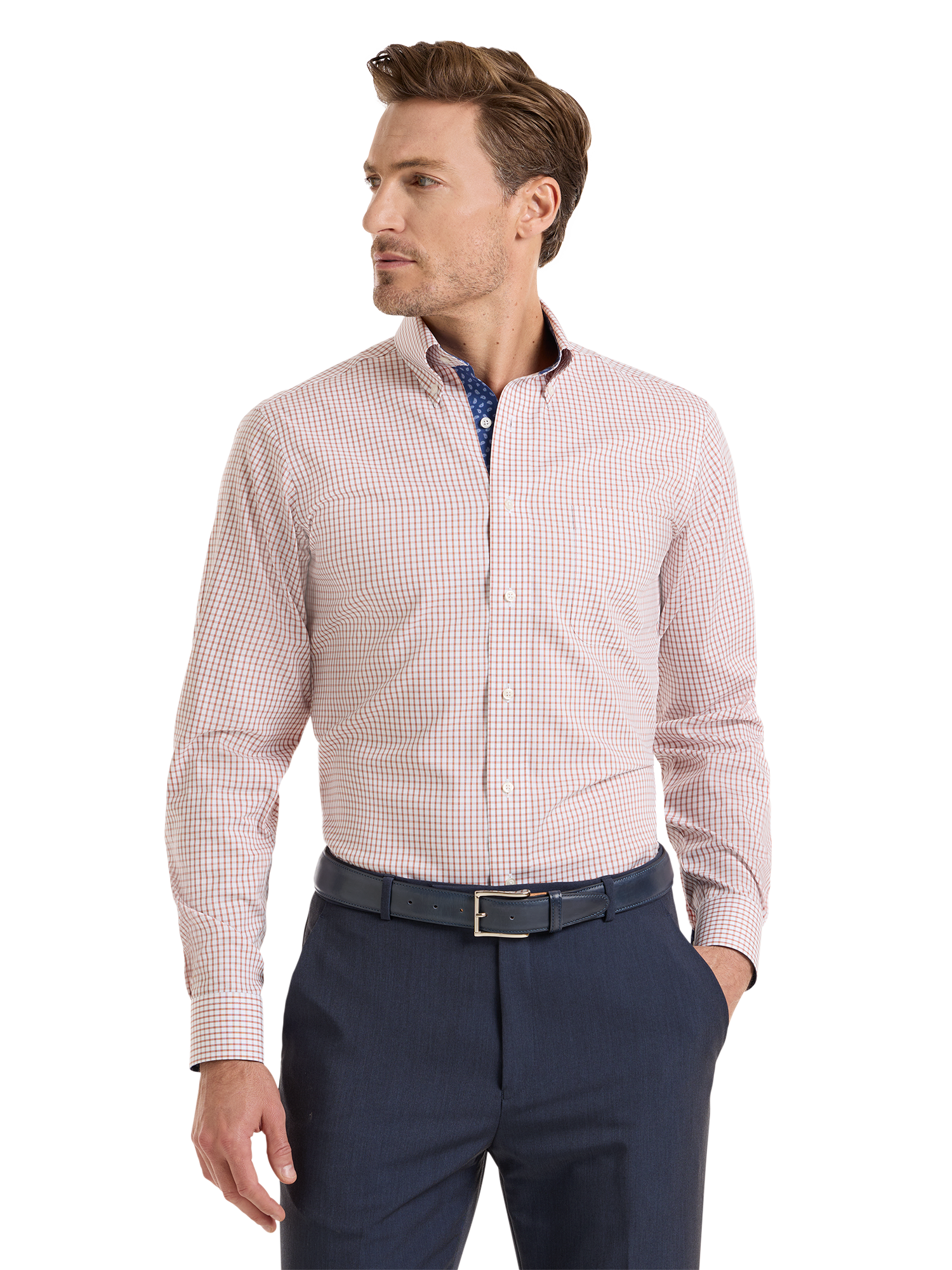 Non-Iron Cotton Check Dress Shirt With Contrast Trim - White/orange