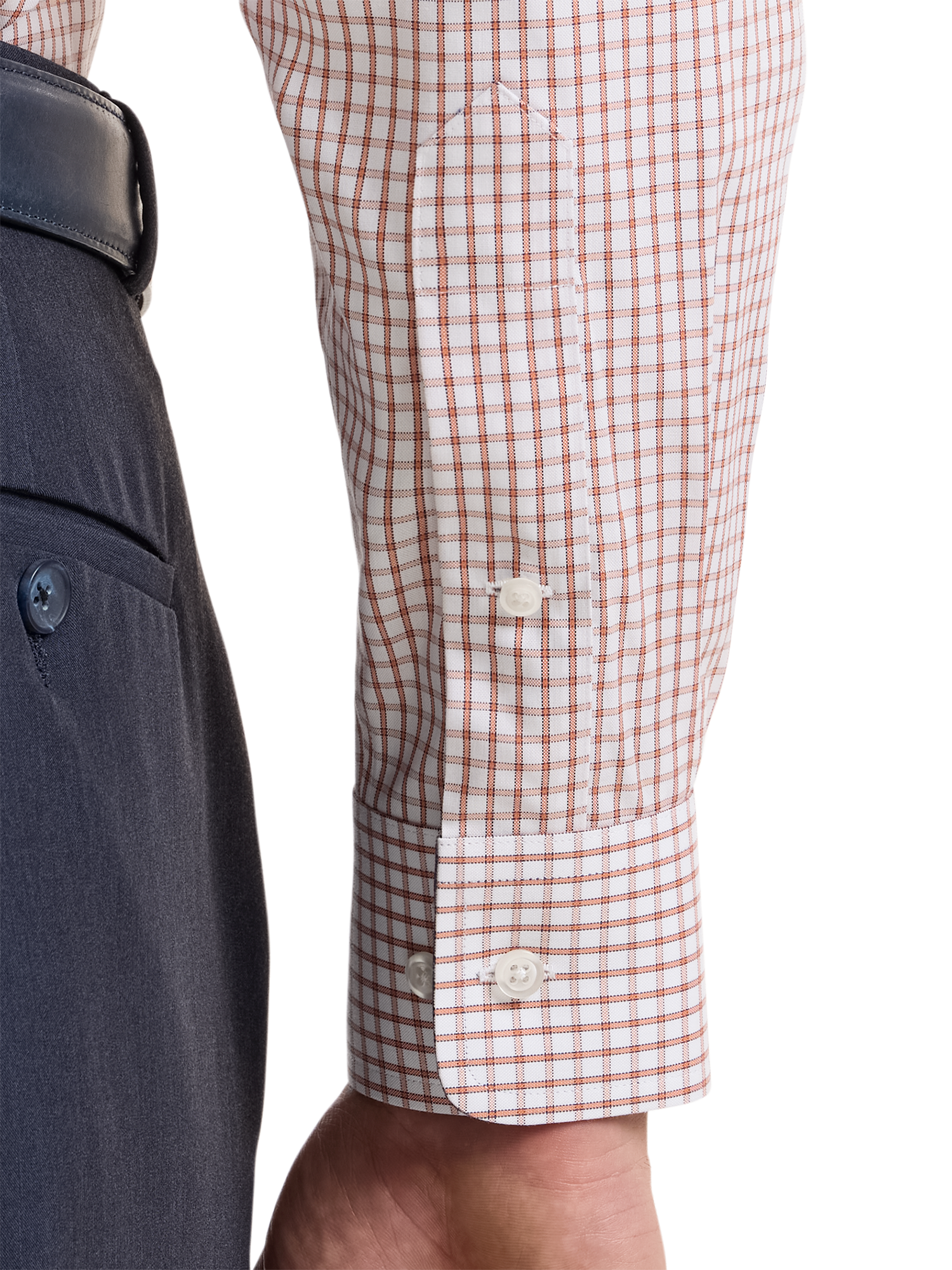Non-Iron Cotton Check Dress Shirt With Contrast Trim - White/orange