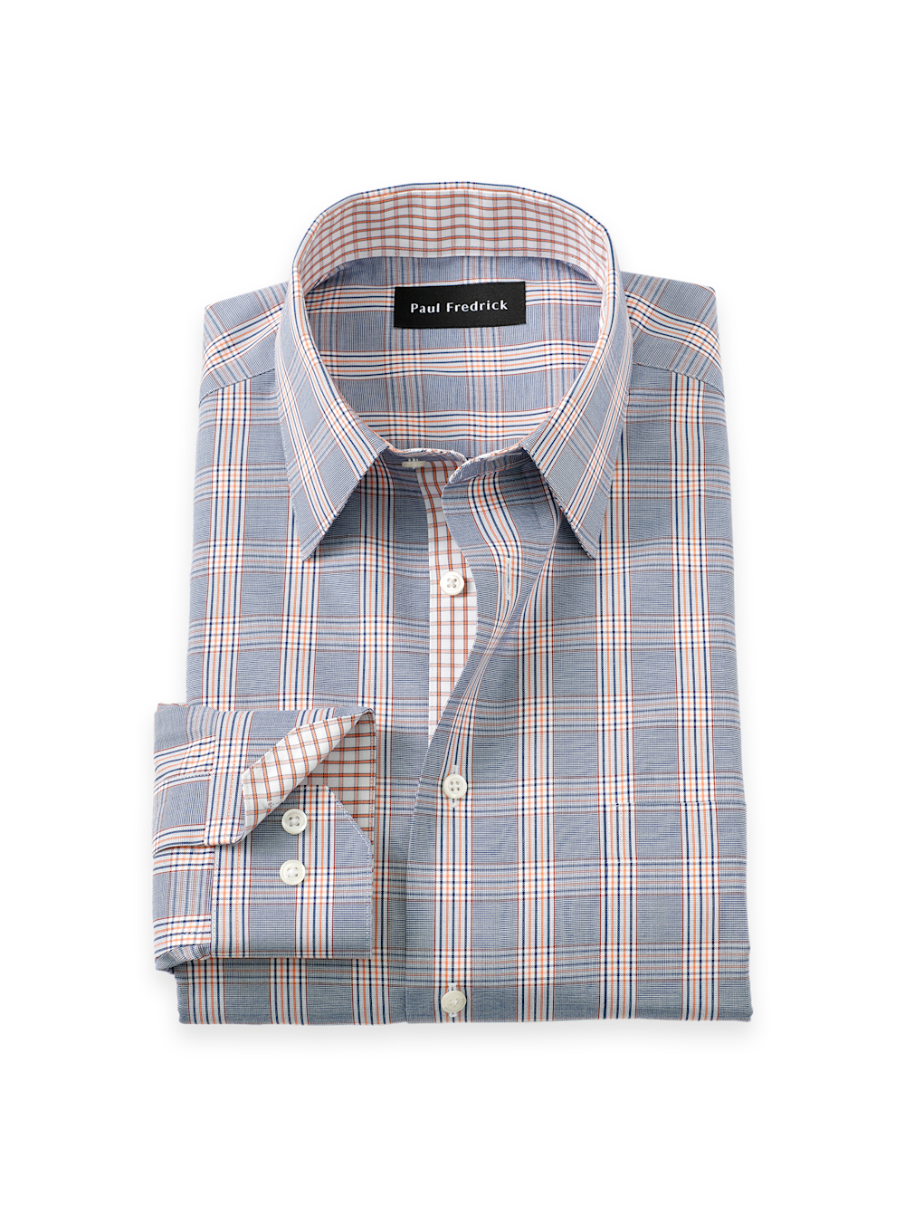 Men's Navy/Orange Plaid Shirts Trim Inside Neckband  Inside Cuffs  Button Side Of Placket