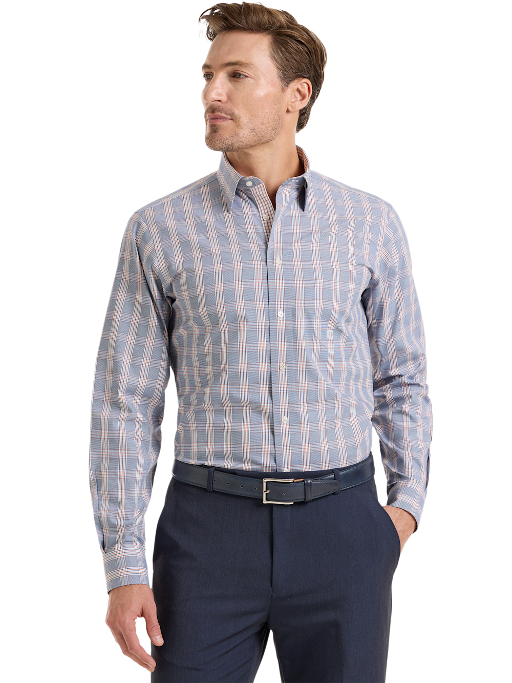 Alternate Shot of Men's Navy/Orange Plaid Shirts Trim Inside Neckband  Inside Cuffs  Button Side Of Placket - 1