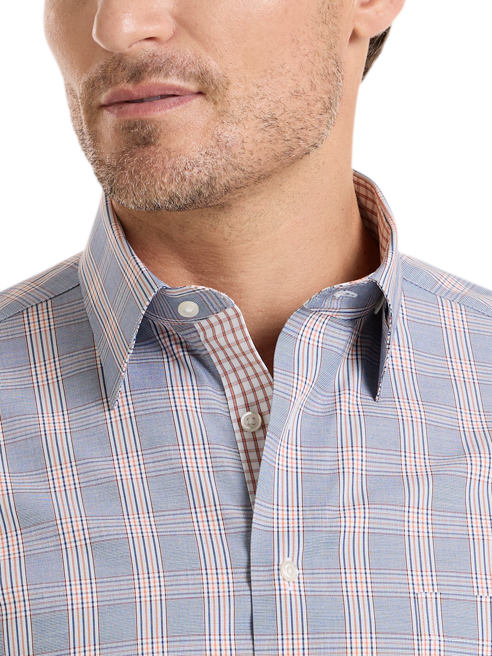 Alternate Shot of Men's Navy/Orange Plaid Shirts Trim Inside Neckband  Inside Cuffs  Button Side Of Placket - 2