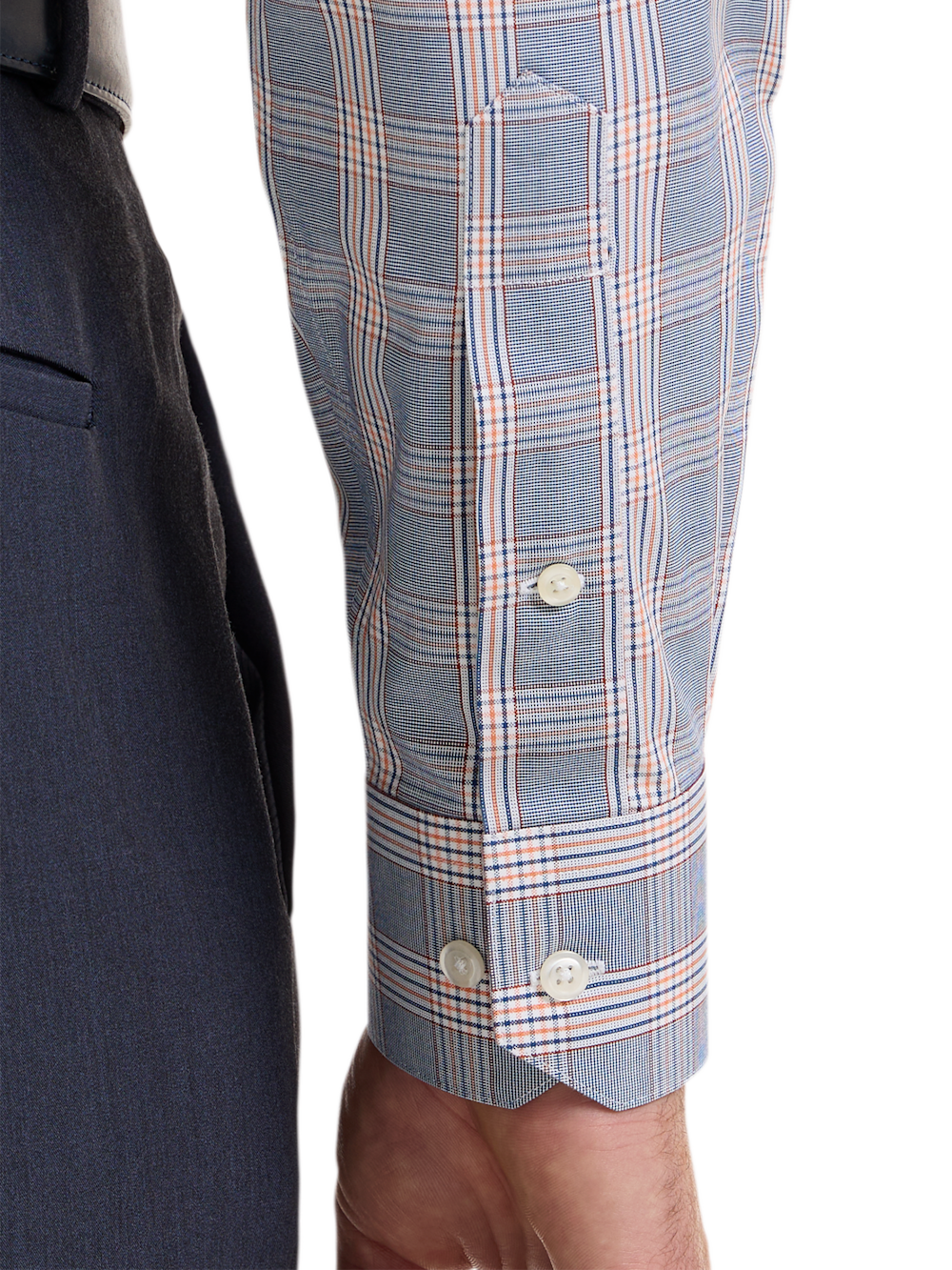 Alternate Shot of Men's Navy/Orange Plaid Shirts Trim Inside Neckband  Inside Cuffs  Button Side Of Placket - 3