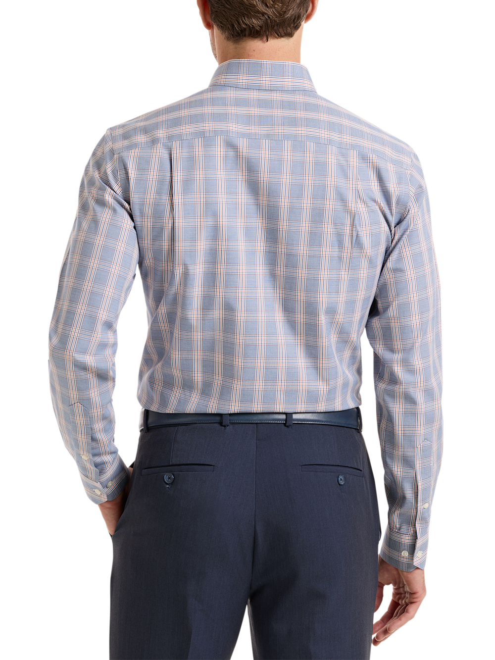 Alternate Shot of Men's Navy/Orange Plaid Shirts Trim Inside Neckband  Inside Cuffs  Button Side Of Placket - 4