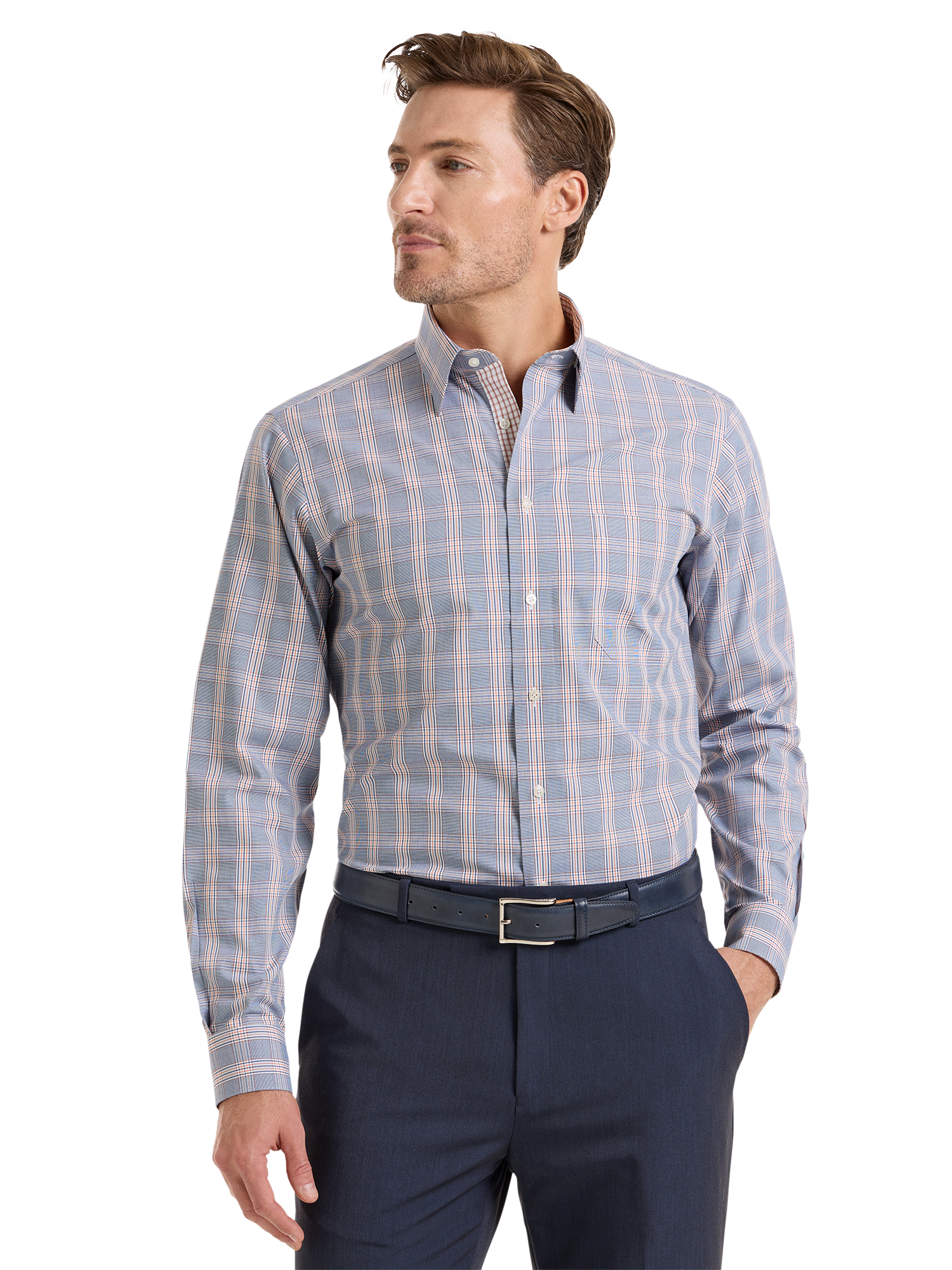 Non-Iron Cotton Plaid Dress Shirt With Contrast Trim - Navy/orange