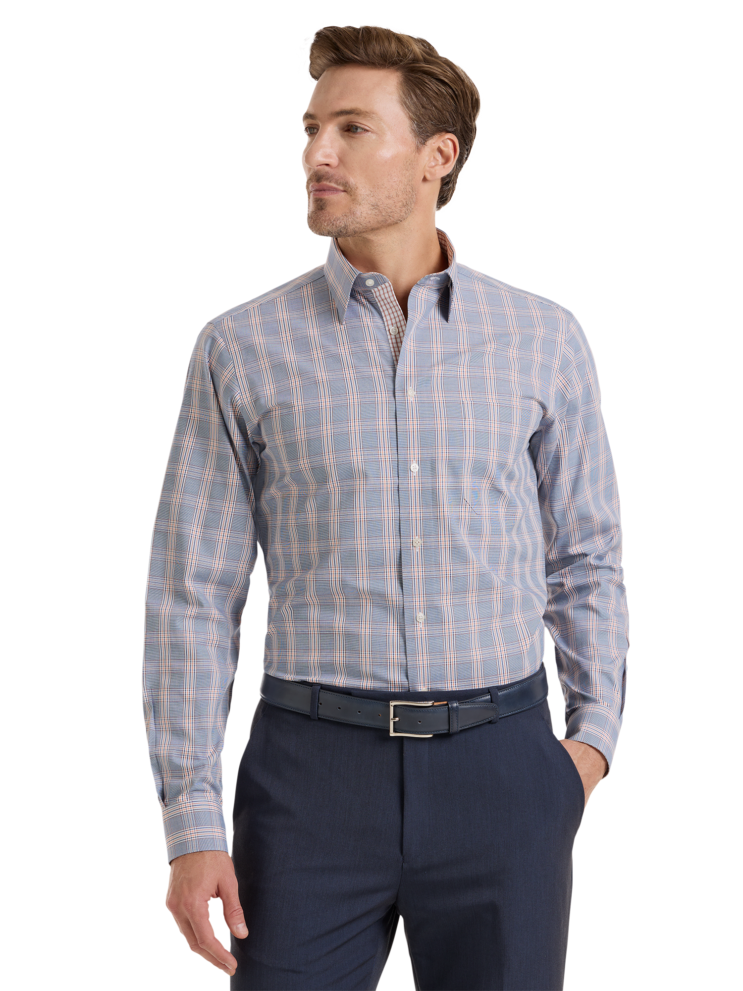 Non-Iron Cotton Plaid Dress Shirt With Contrast Trim - Navy/orange