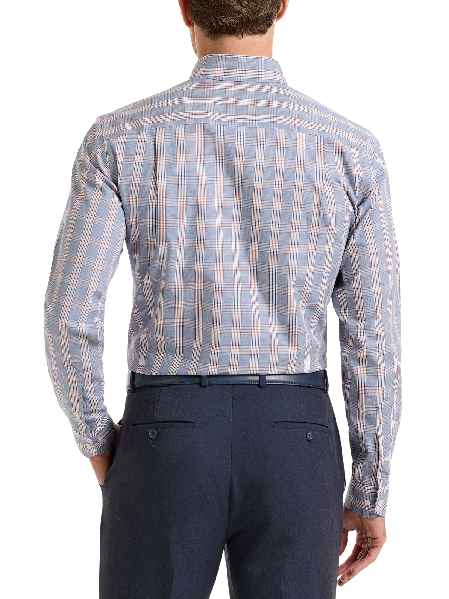Non-Iron Cotton Plaid Dress Shirt With Contrast Trim - Navy/orange