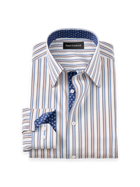 Non-Iron Cotton Stripe Dress Shirt With Contrast Trim - Blue/orange