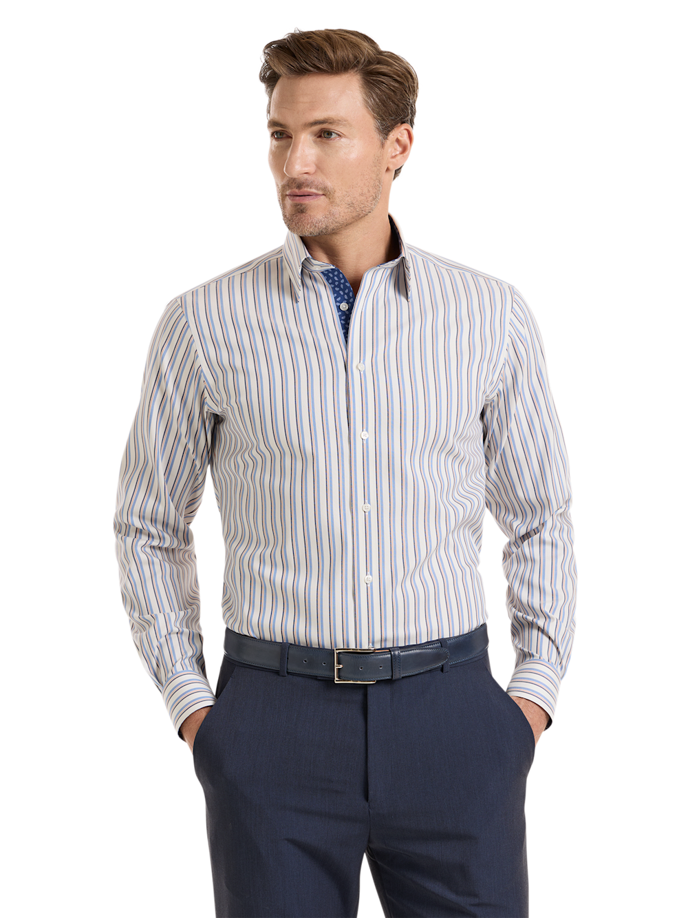Alternate Shot of Men's Blue/Orange Stripe Shirts Trim Inside Neckband  Inside Cuffs  Button Side Of Placket - 1