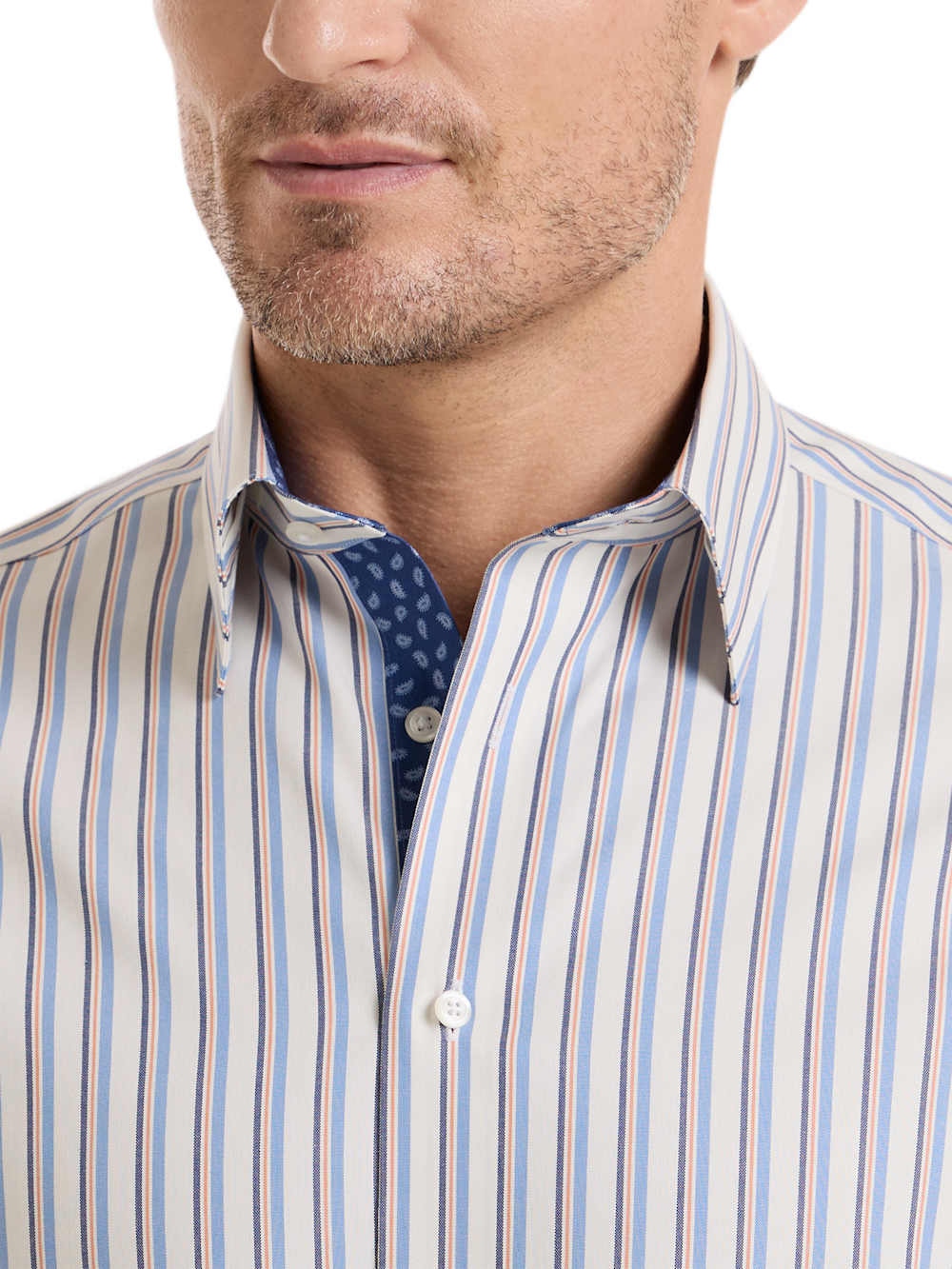 Alternate Shot of Men's Blue/Orange Stripe Shirts Trim Inside Neckband  Inside Cuffs  Button Side Of Placket - 2