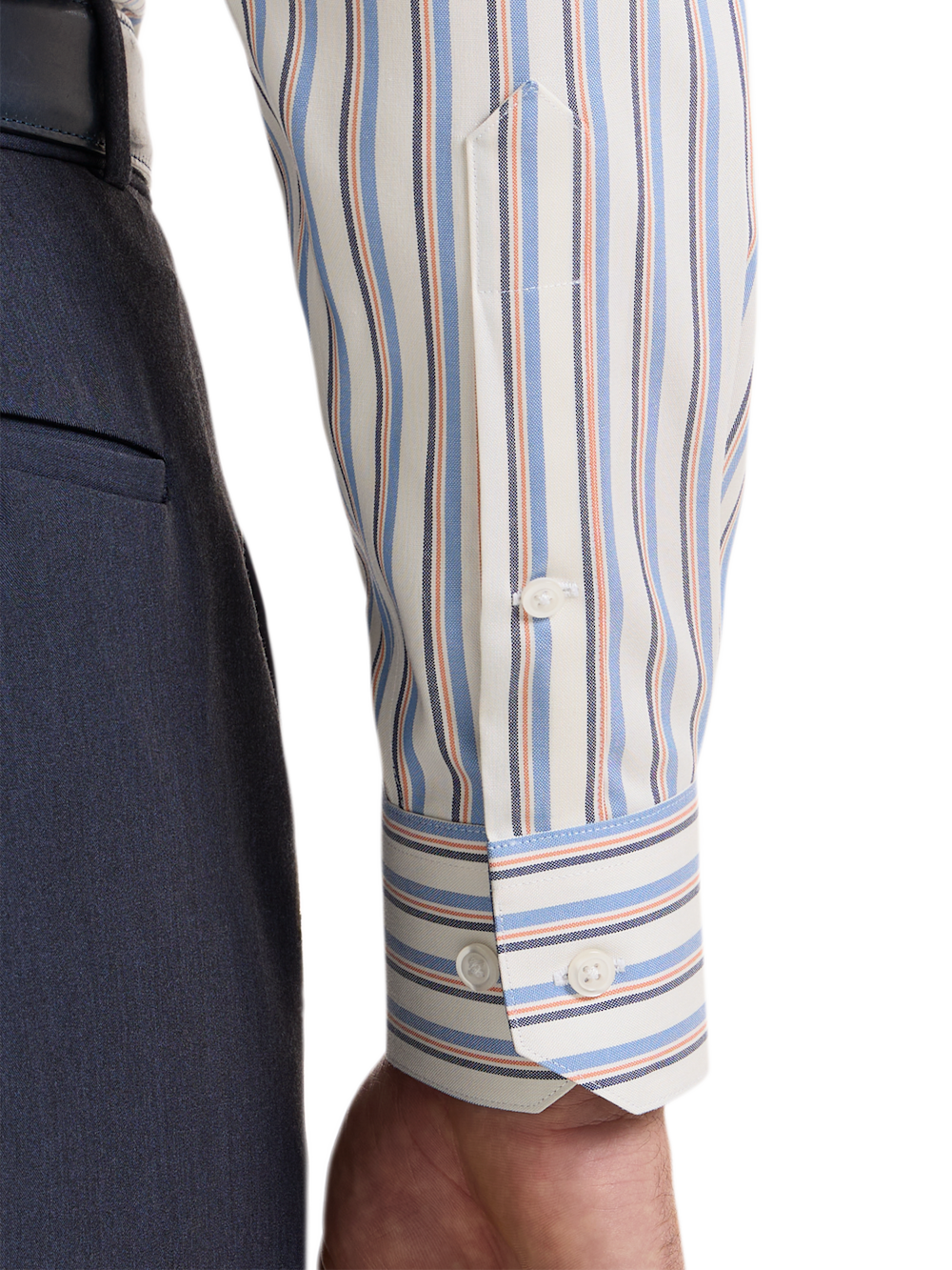 Alternate Shot of Men's Blue/Orange Stripe Shirts Trim Inside Neckband  Inside Cuffs  Button Side Of Placket - 3