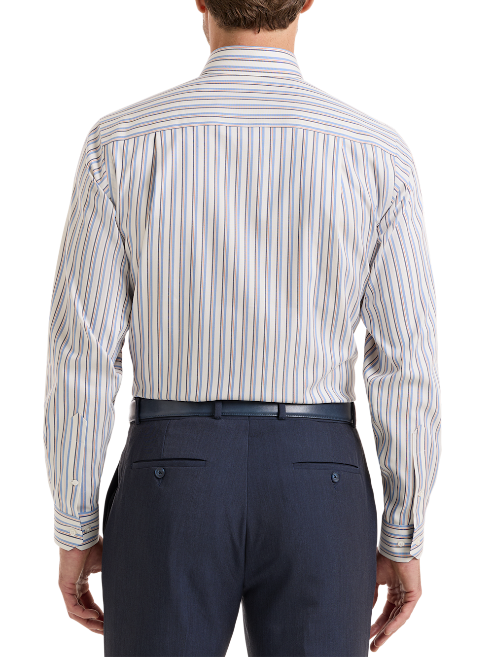 Alternate Shot of Men's Blue/Orange Stripe Shirts Trim Inside Neckband  Inside Cuffs  Button Side Of Placket - 4