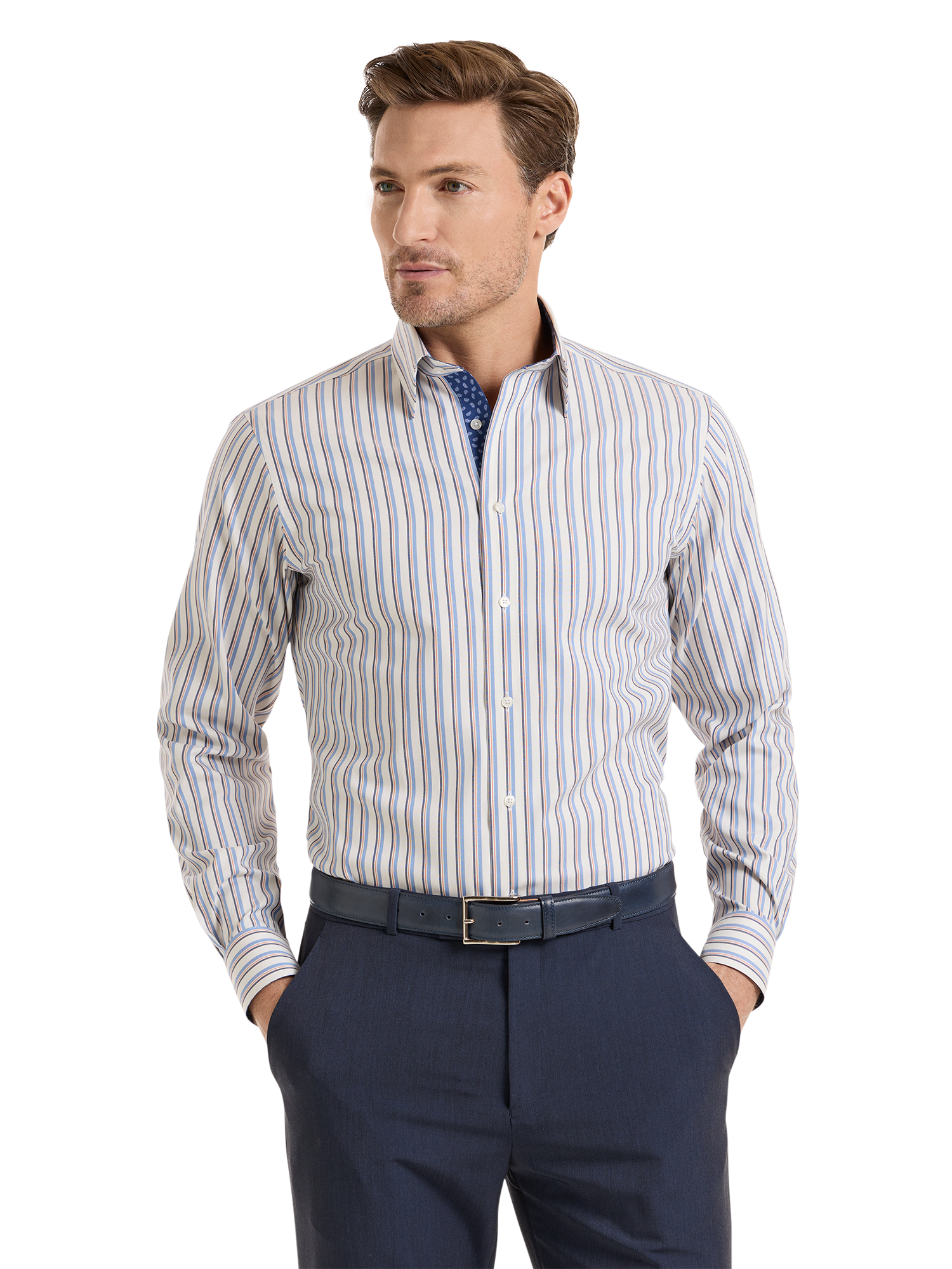 Non-Iron Cotton Stripe Dress Shirt With Contrast Trim - Blue/orange