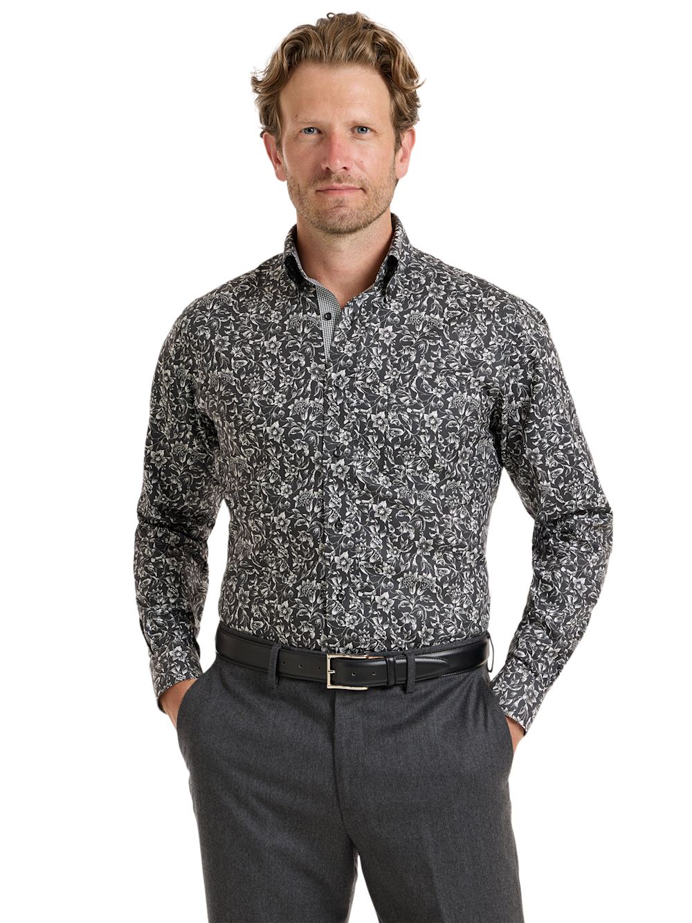 Alternate Shot of Men's Black Floral Shirts Trim Inside Neckband  Inside Cuffs  Button Side Of Placket - 1