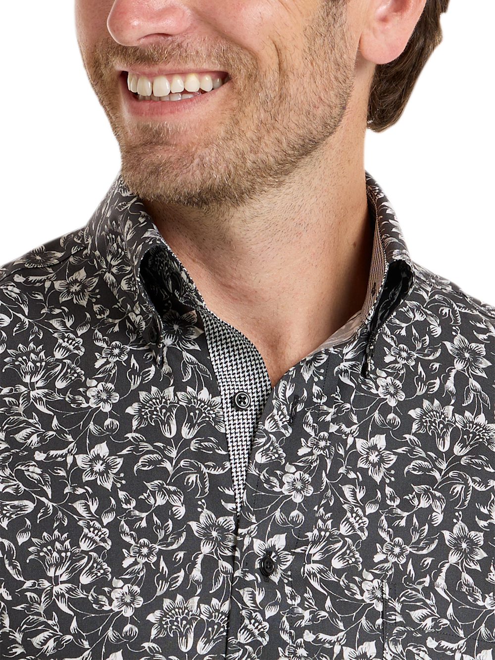 Alternate Shot of Men's Black Floral Shirts Trim Inside Neckband  Inside Cuffs  Button Side Of Placket - 2