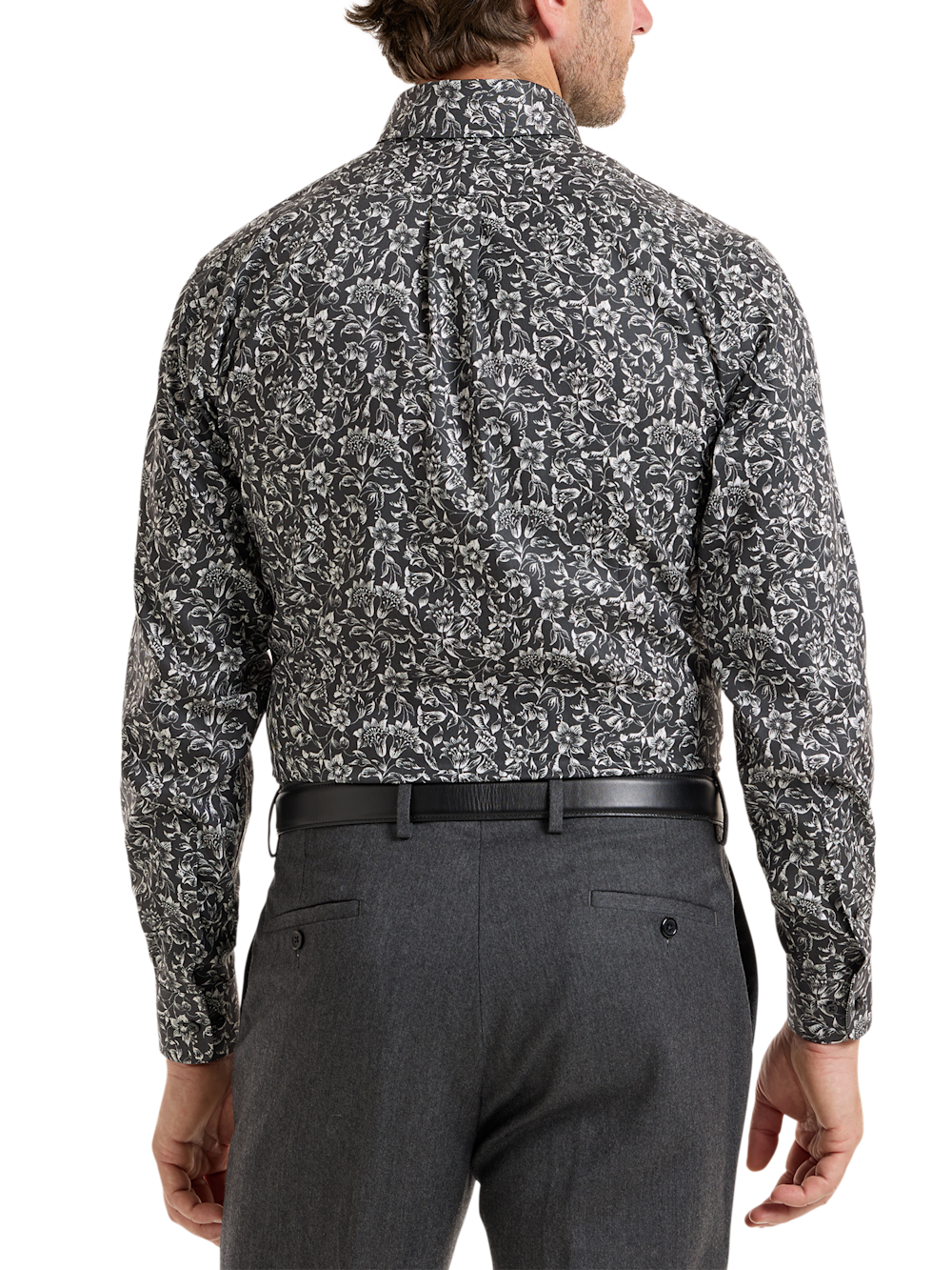 Alternate Shot of Men's Black Floral Shirts Trim Inside Neckband  Inside Cuffs  Button Side Of Placket - 4