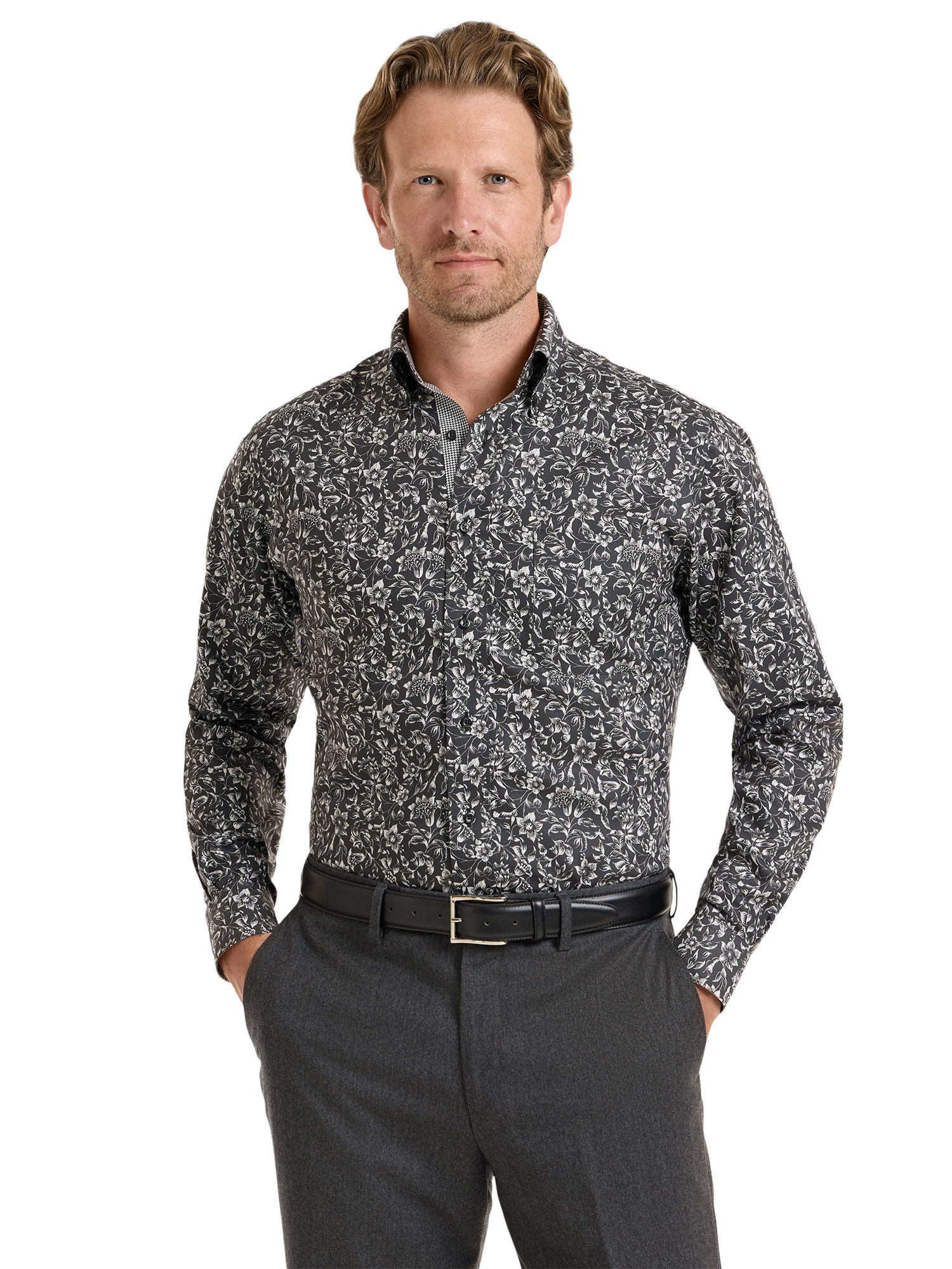 Non-Iron Cotton Floral Dress Shirt With Contrast Trim - Black