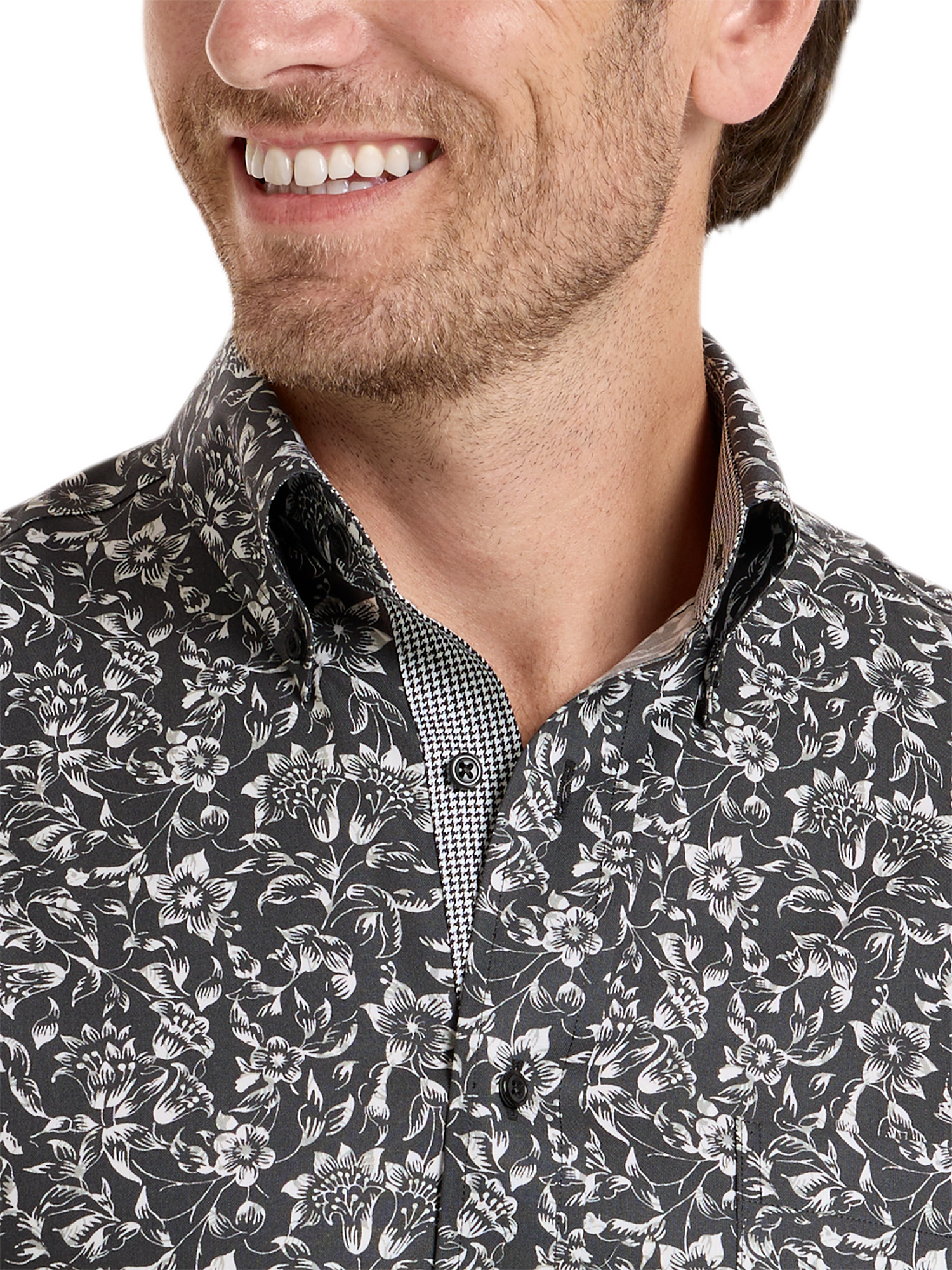 Non-Iron Cotton Floral Dress Shirt With Contrast Trim - Black