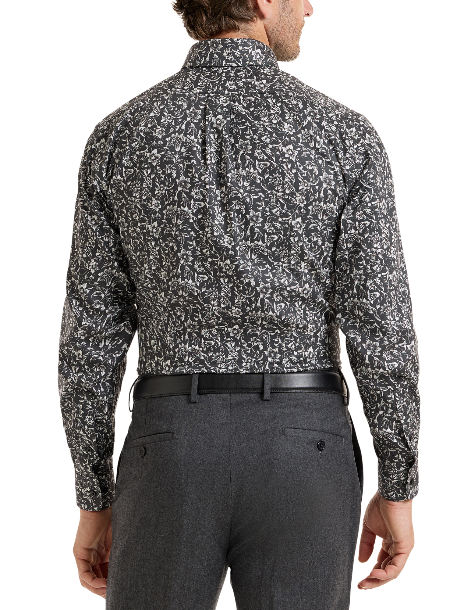 Non-Iron Cotton Floral Dress Shirt With Contrast Trim - Black