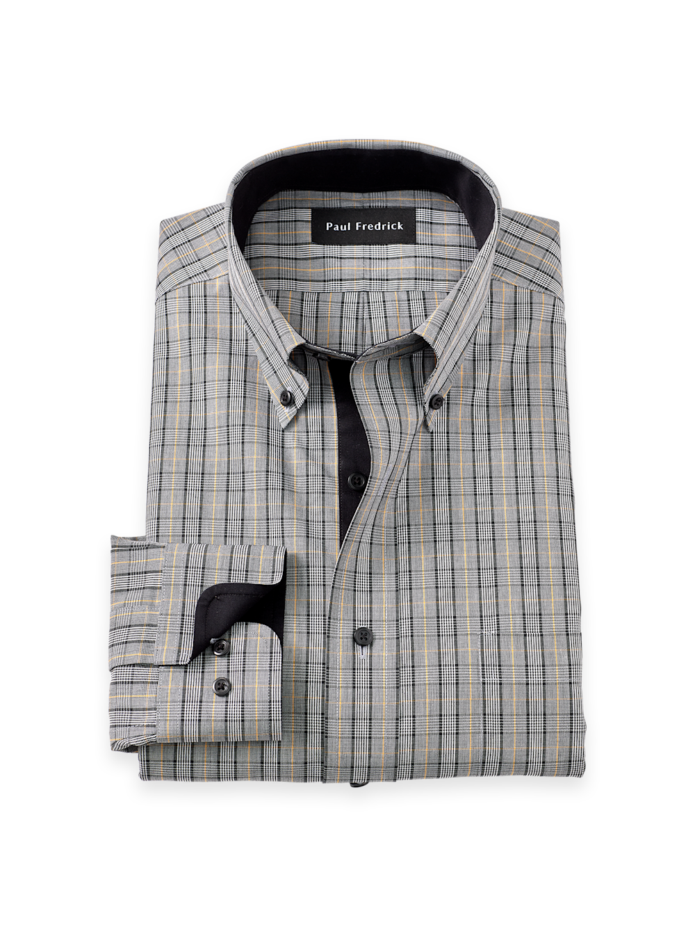 Men's Black/gold Plaid Shirts Trim Inside Neckband  Inside Cuffs  Button Side Of Placket