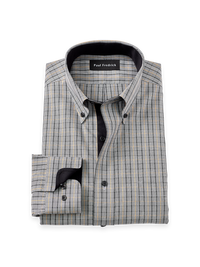 Non-Iron Cotton Plaid Dress Shirt With Contrast Trim - Black/gold