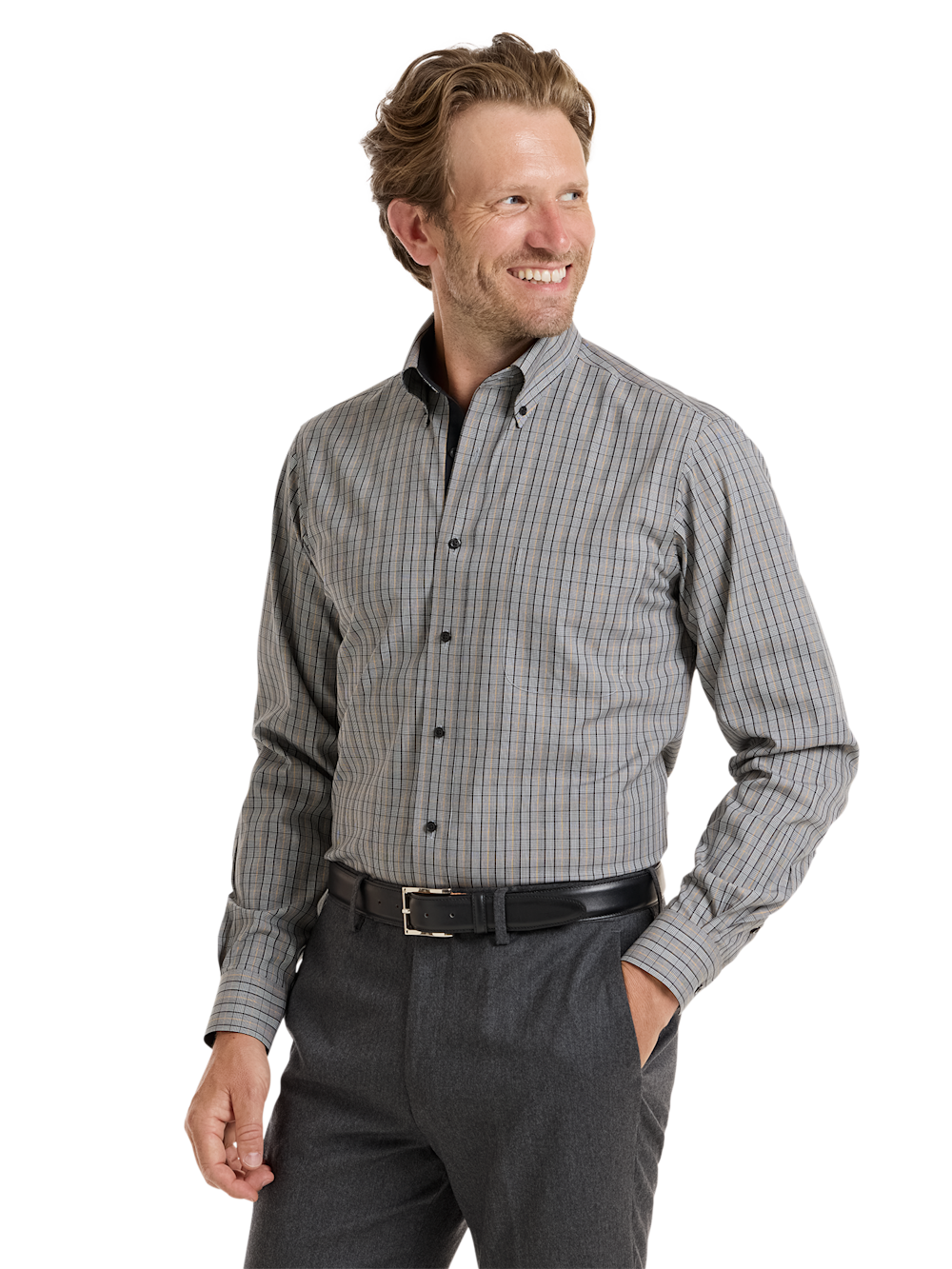 Alternate Shot of Men's Black/gold Plaid Shirts Trim Inside Neckband  Inside Cuffs  Button Side Of Placket - 1