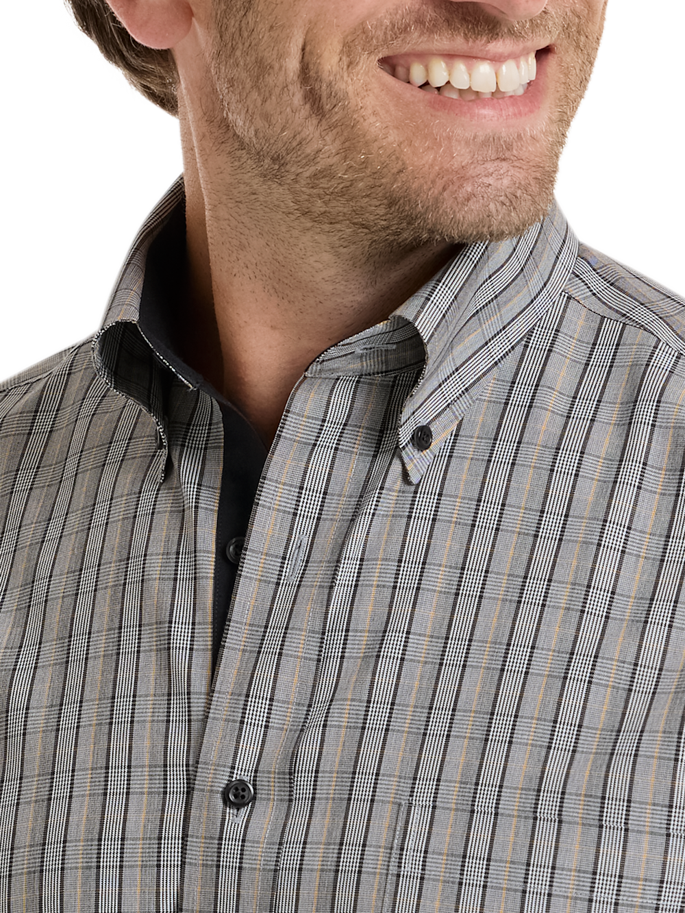 Alternate Shot of Men's Black/gold Plaid Shirts Trim Inside Neckband  Inside Cuffs  Button Side Of Placket - 2