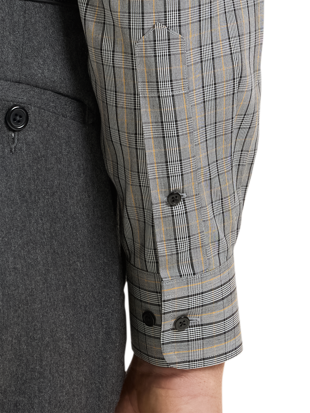 Alternate Shot of Men's Black/gold Plaid Shirts Trim Inside Neckband  Inside Cuffs  Button Side Of Placket - 3