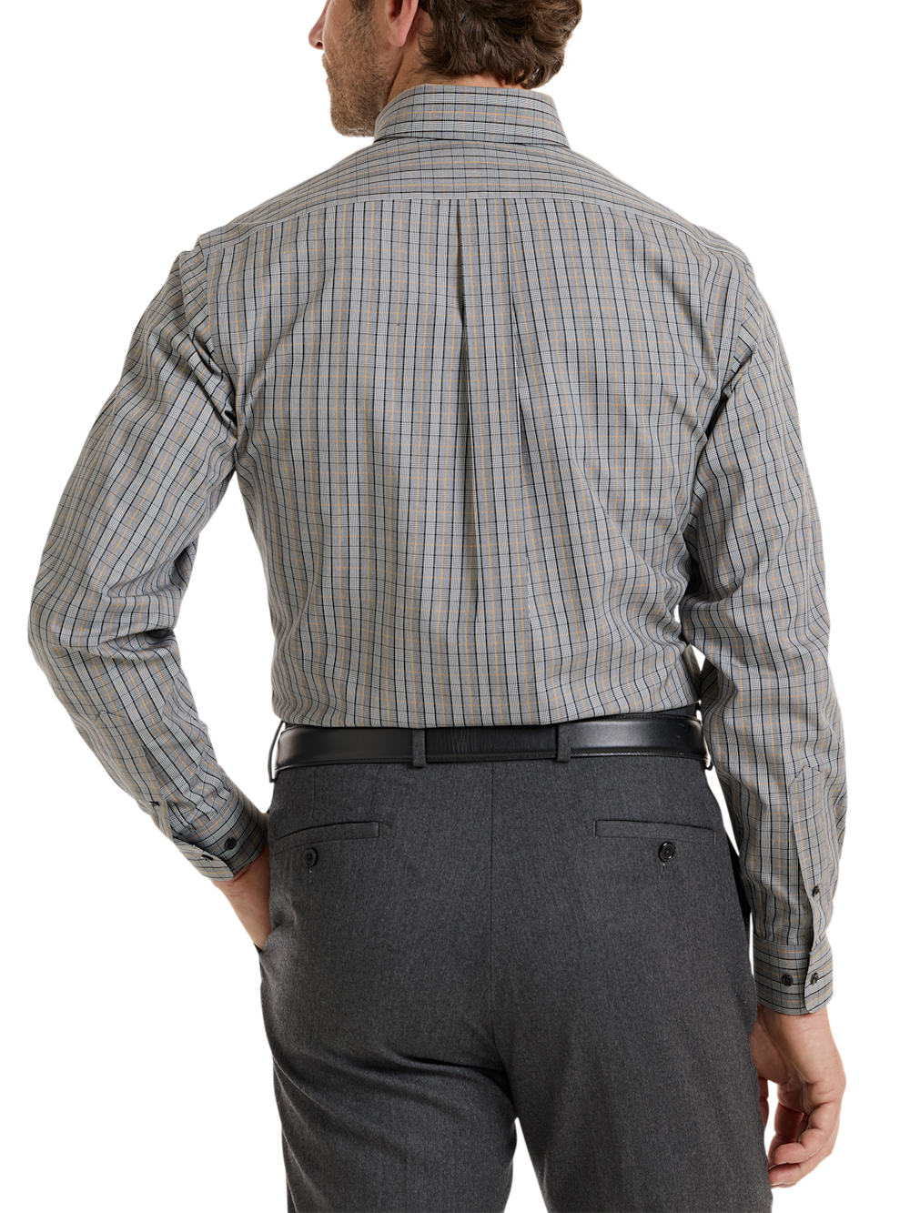 Alternate Shot of Men's Black/gold Plaid Shirts Trim Inside Neckband  Inside Cuffs  Button Side Of Placket - 4