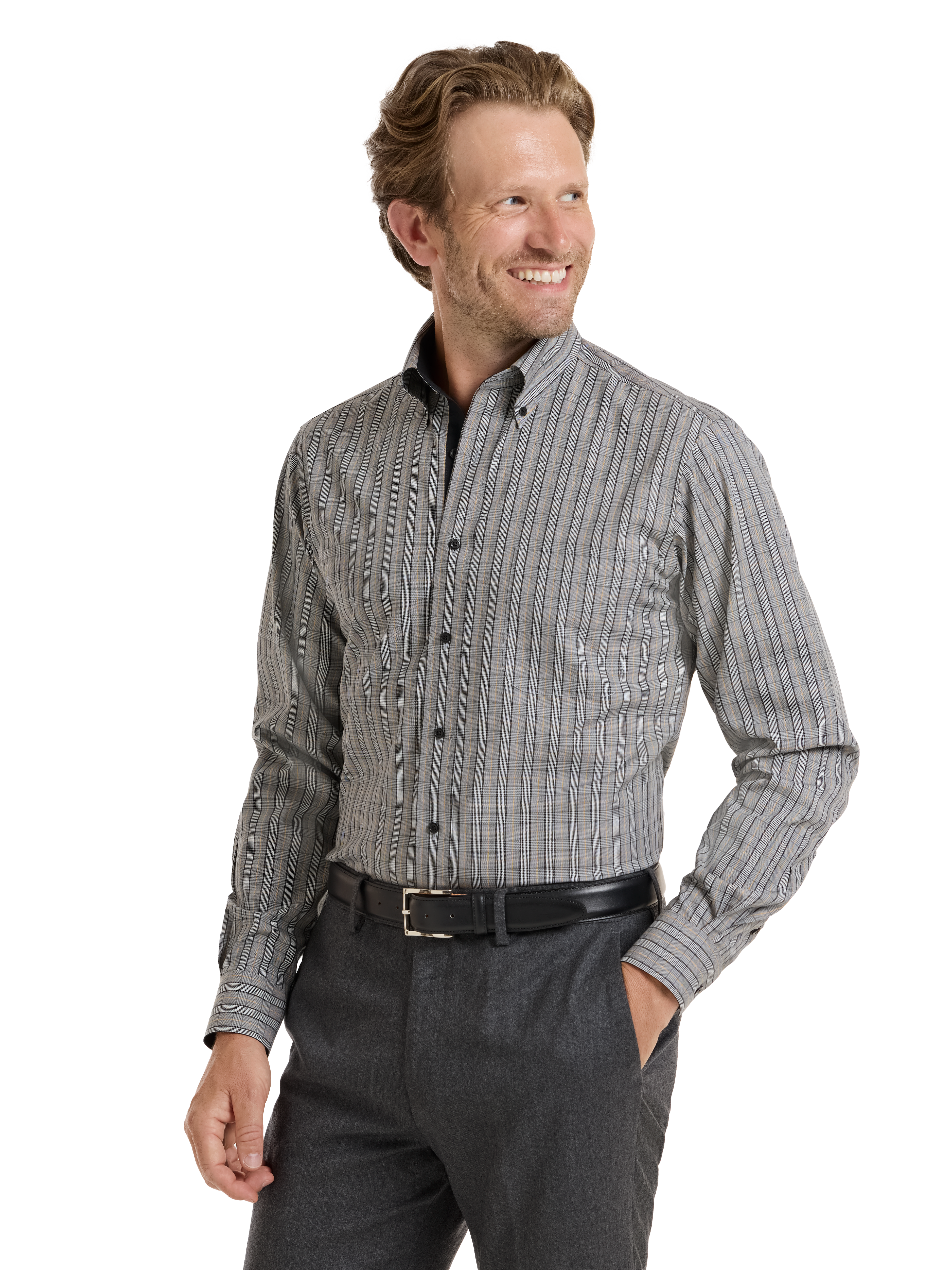 Non-Iron Cotton Plaid Dress Shirt With Contrast Trim - Black/gold