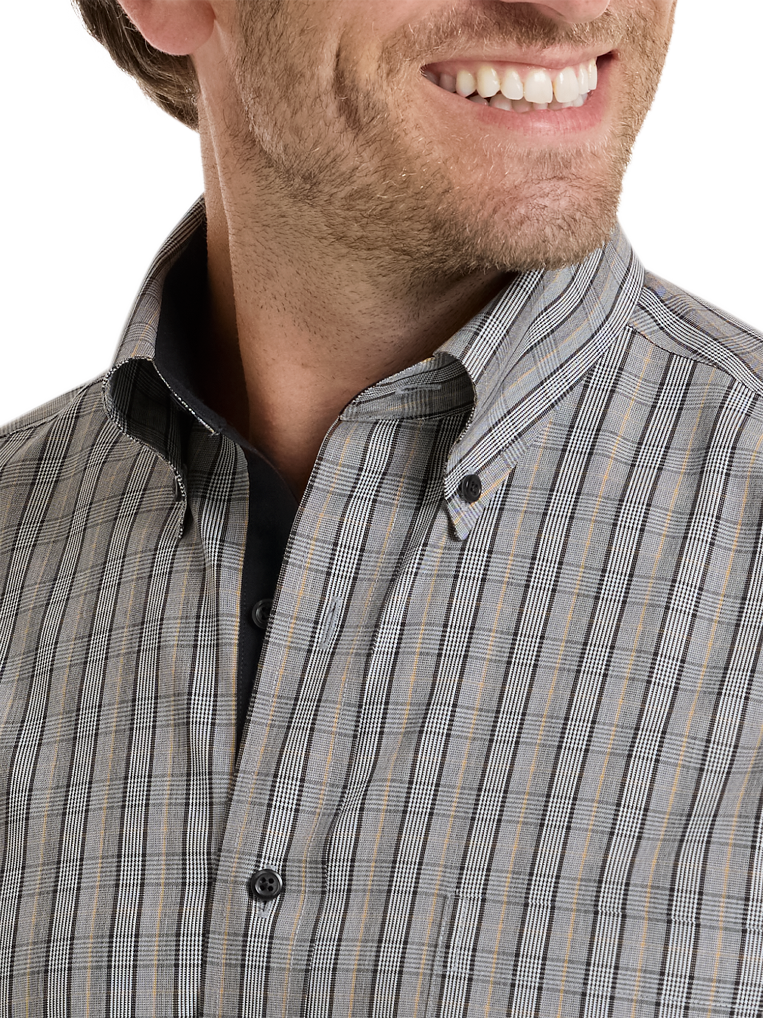 Non-Iron Cotton Plaid Dress Shirt With Contrast Trim - Black/gold