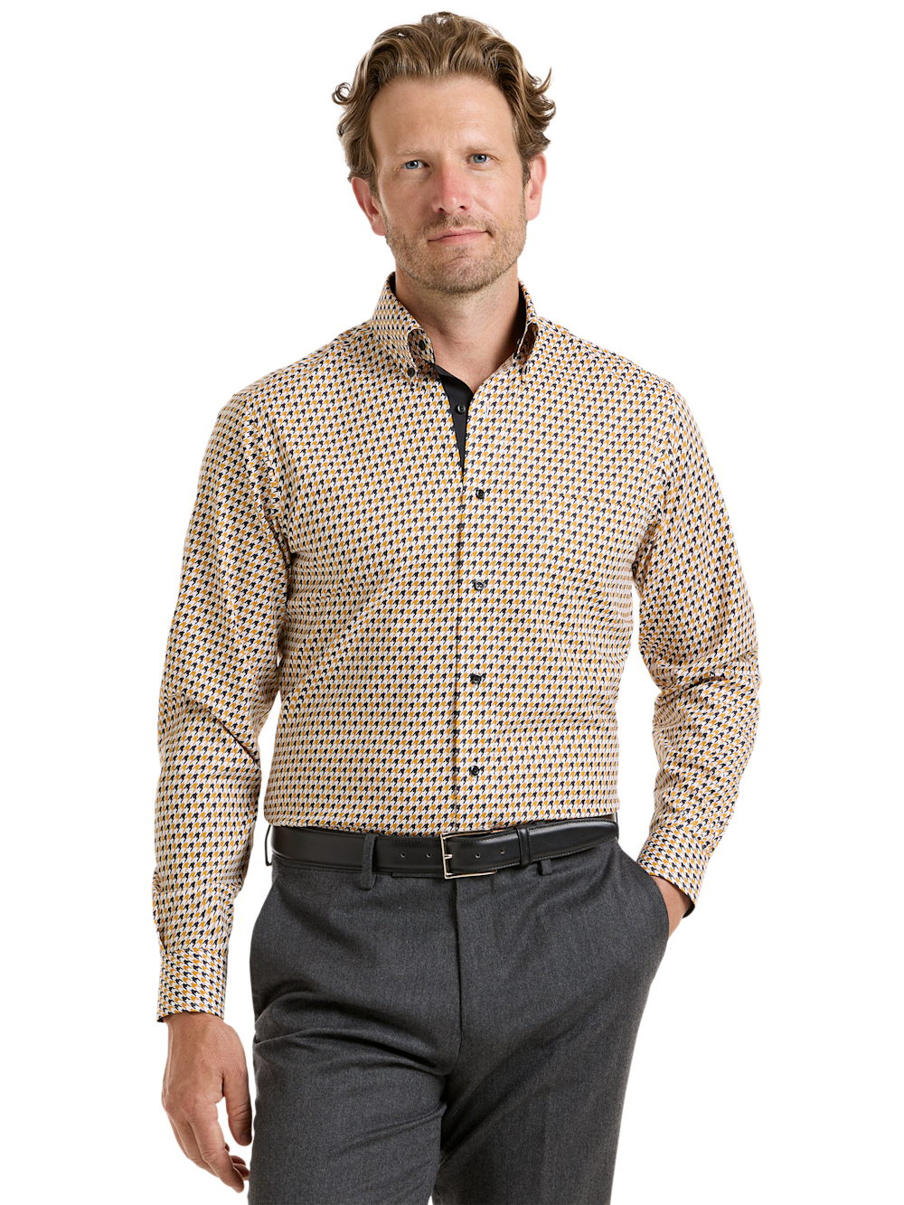 Alternate Shot of Men's Black/gold Houndstooth Shirts Trim Inside Neckband  Inside Cuffs  Button Side Of Placket - 1