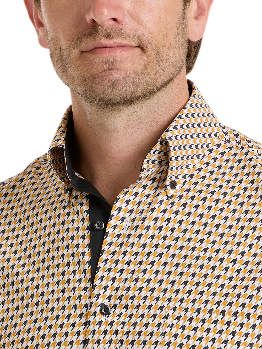 Alternate Shot of Men's Black/gold Houndstooth Shirts Trim Inside Neckband  Inside Cuffs  Button Side Of Placket - 2