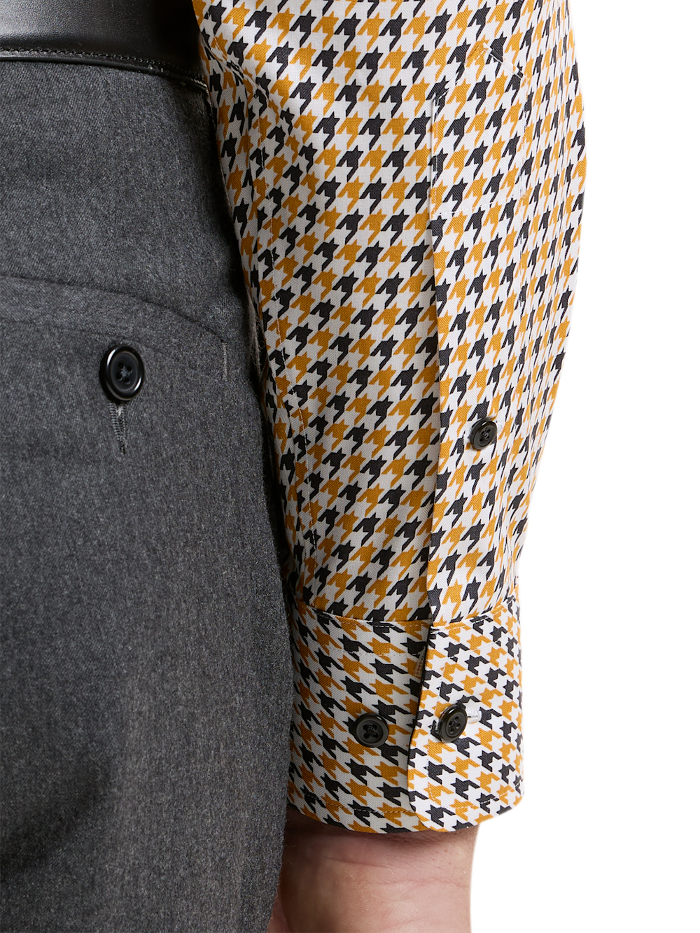 Alternate Shot of Men's Black/gold Houndstooth Shirts Trim Inside Neckband  Inside Cuffs  Button Side Of Placket - 3