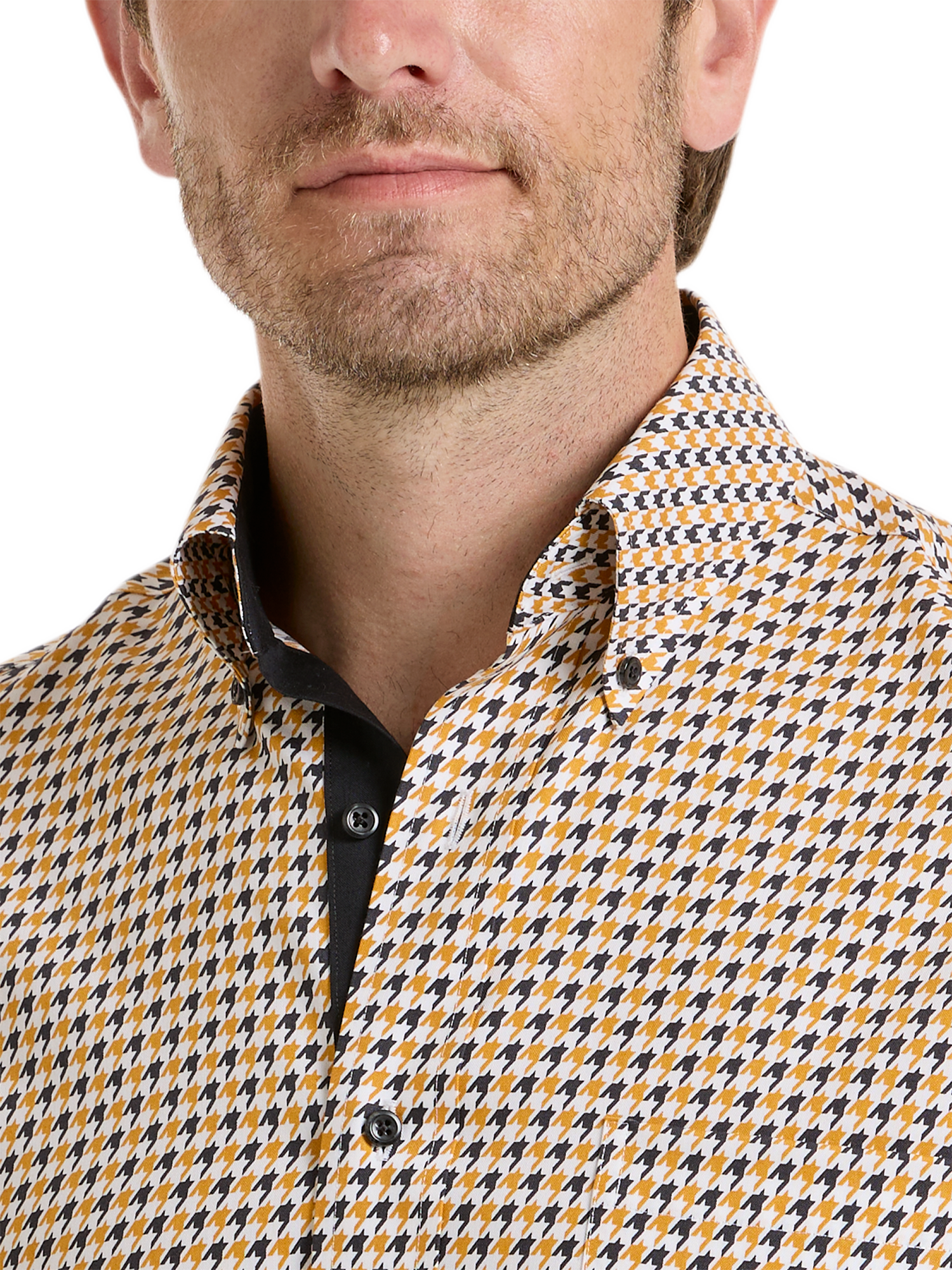 Non-Iron Cotton Houndstooth Dress Shirt With Contrast Trim - Black/gold