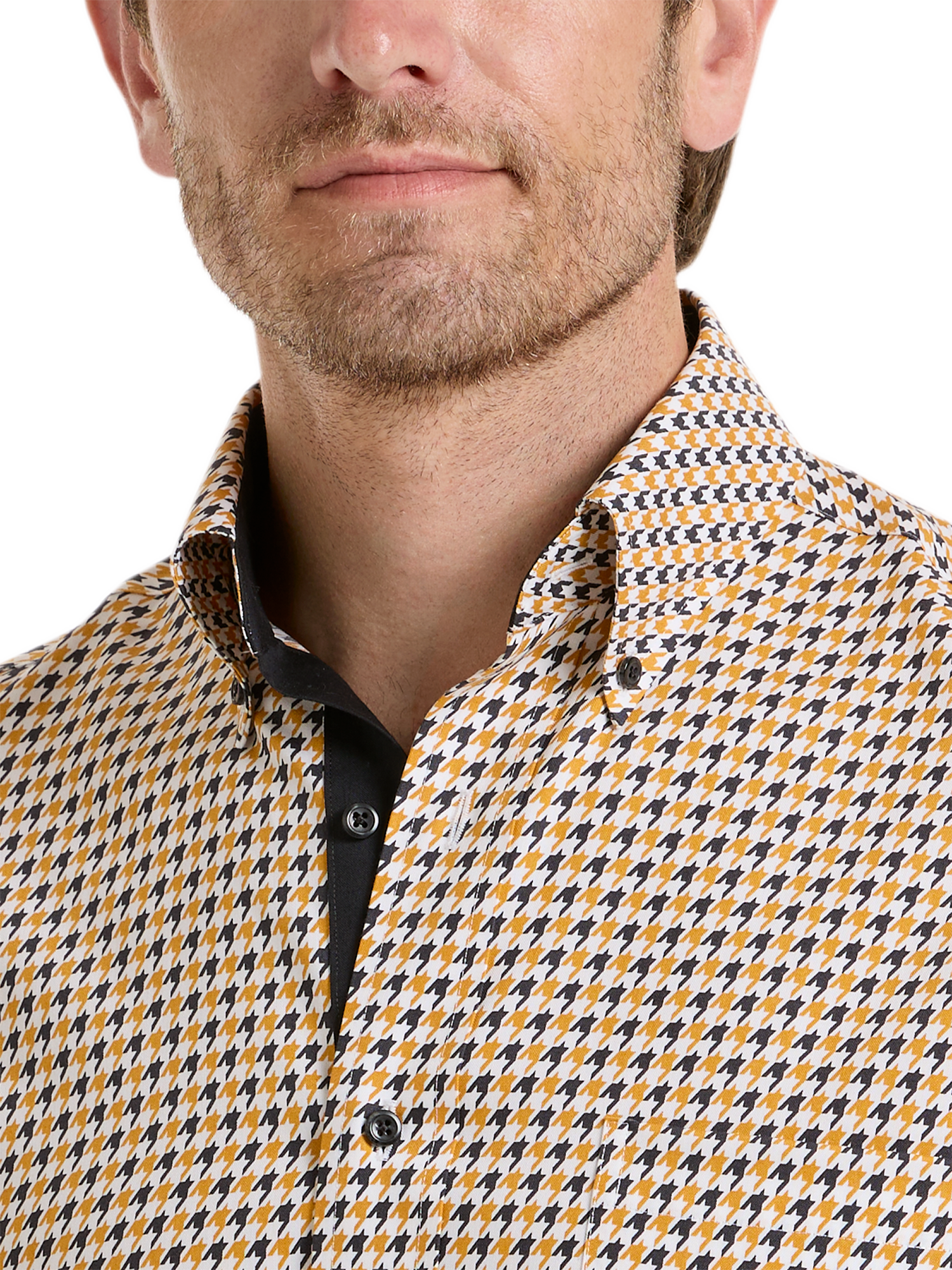 Non-Iron Cotton Houndstooth Dress Shirt With Contrast Trim - Black/gold