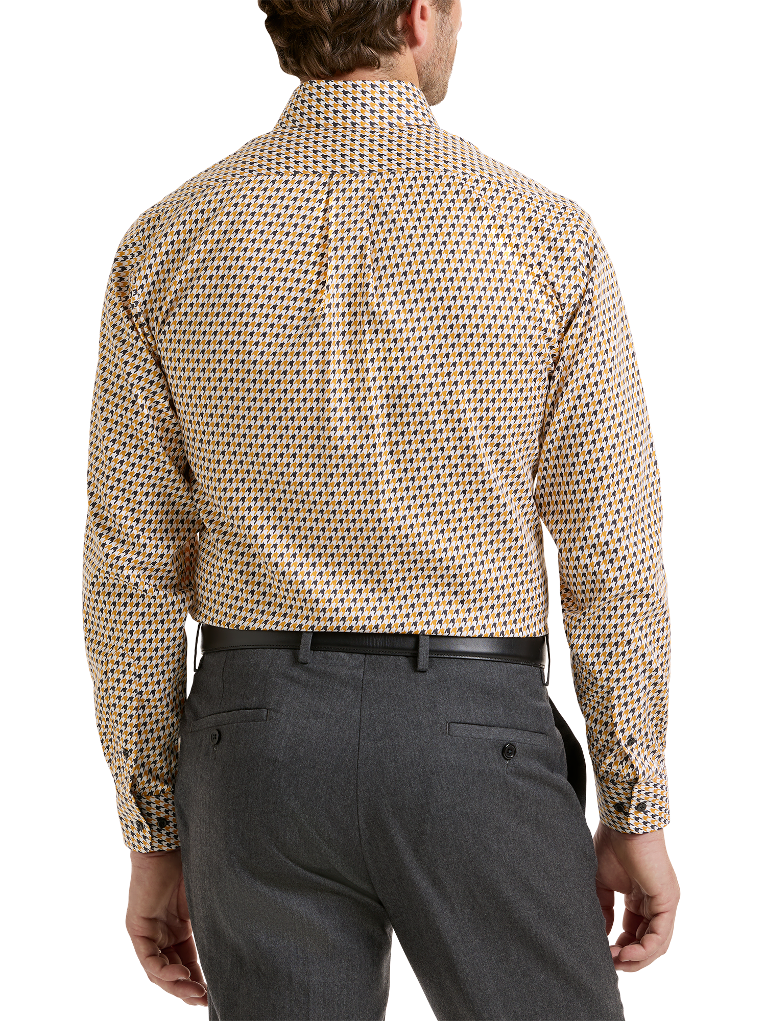 Non-Iron Cotton Houndstooth Dress Shirt With Contrast Trim - Black/gold