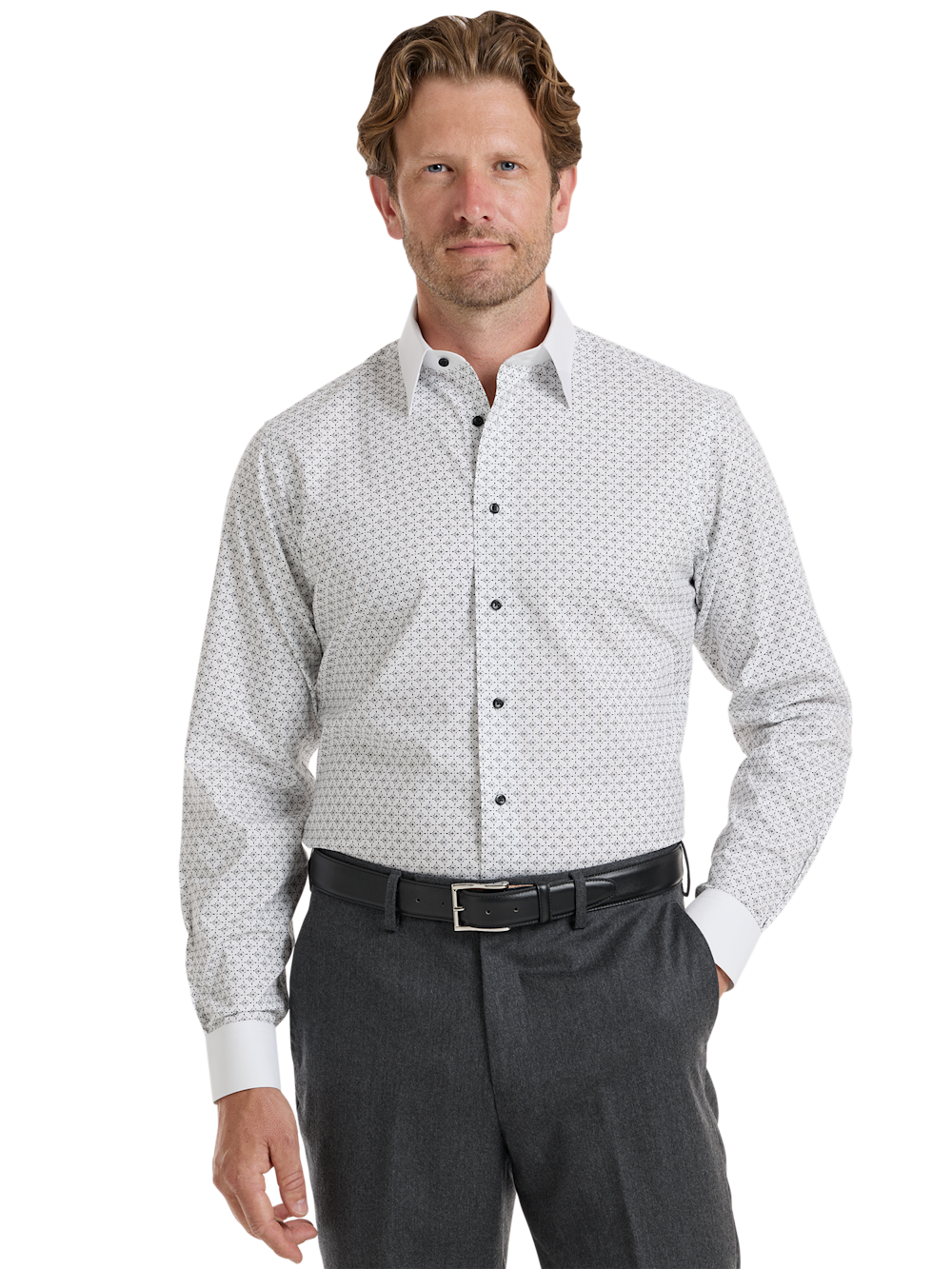 Alternate Shot of Men's White/Black Geometric Shirts No Trim Detail - 1