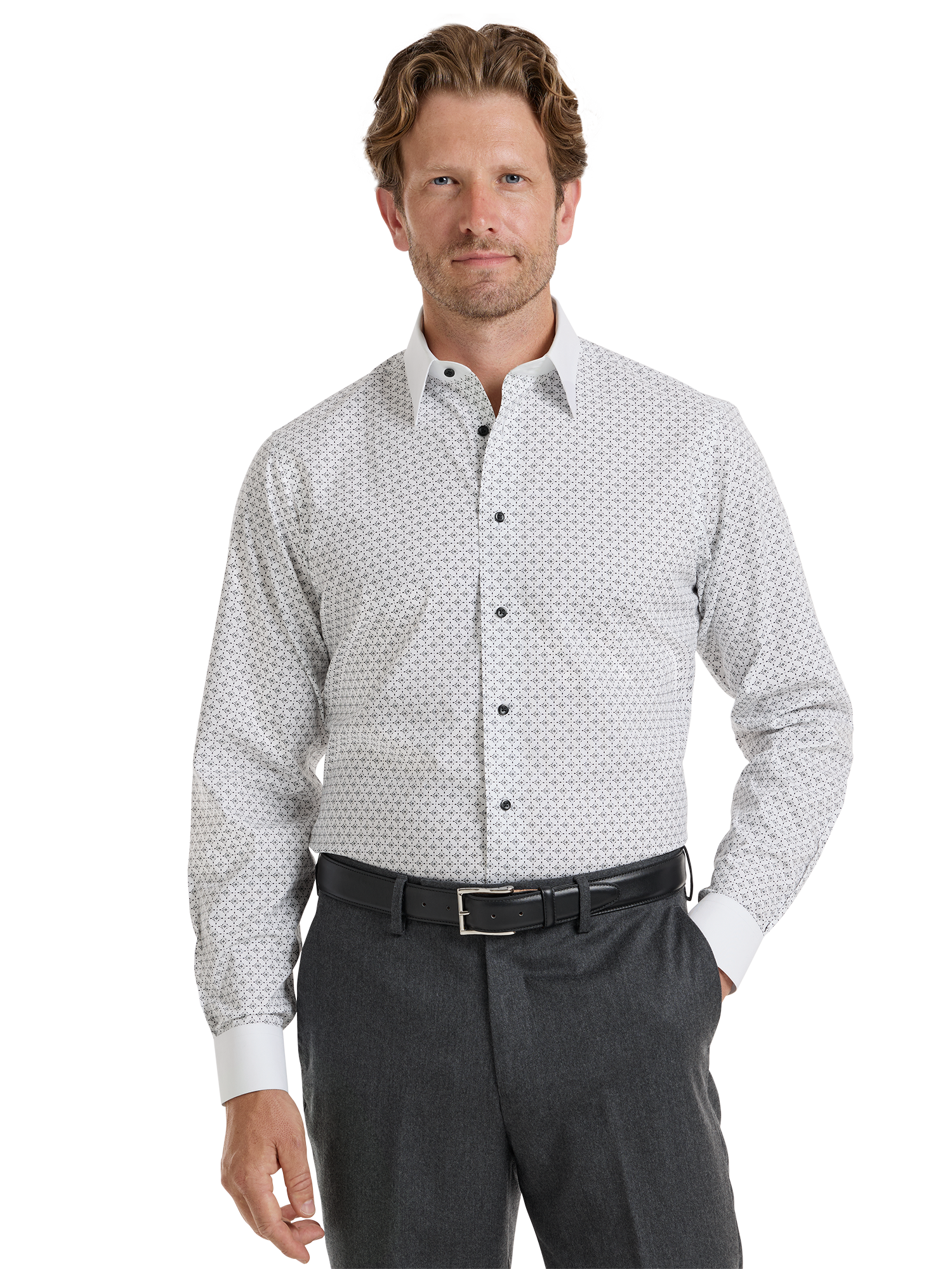 Non-Iron Cotton Geometric Dress Shirt - White/black