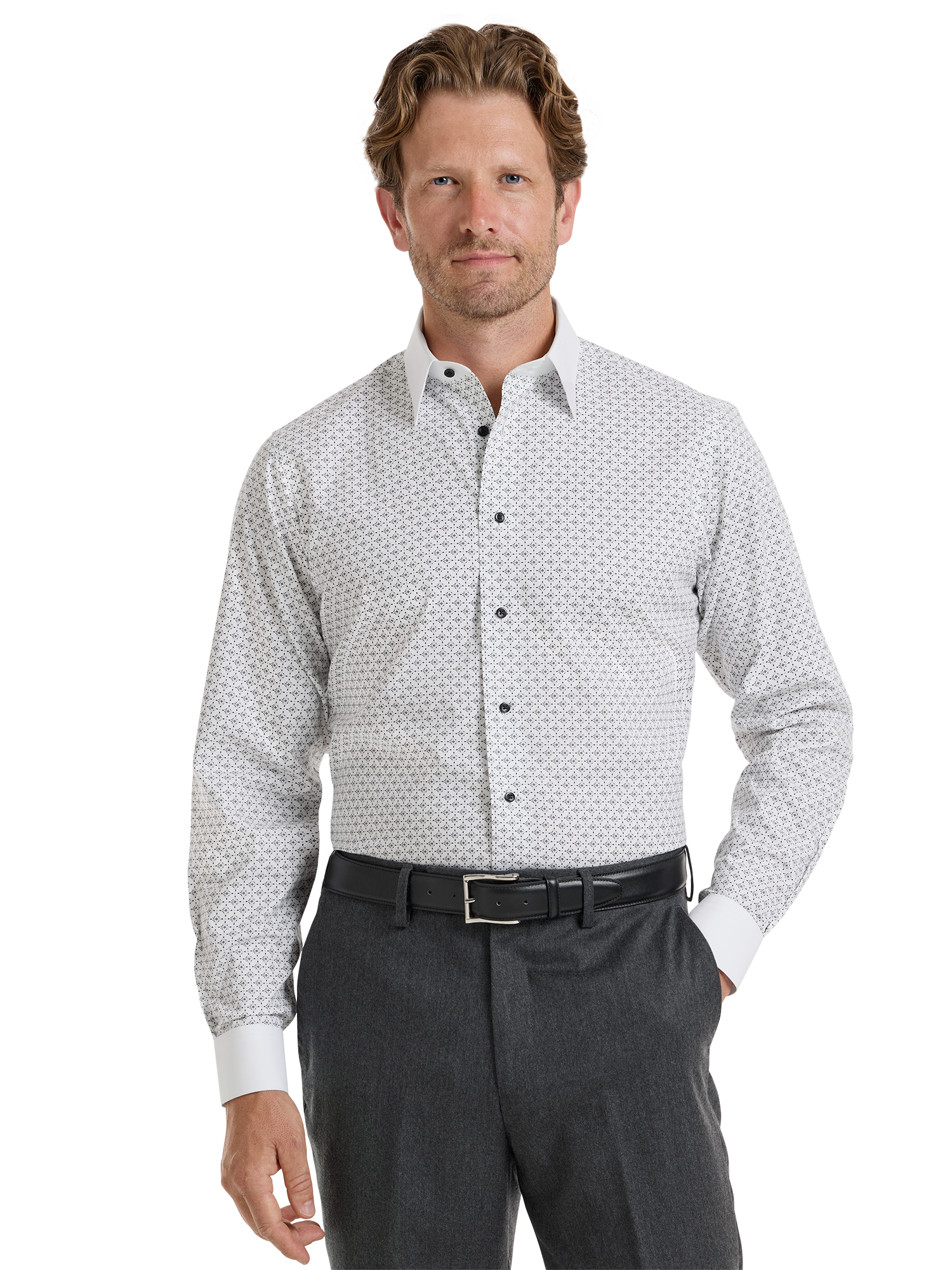 Non-Iron Cotton Geometric Dress Shirt - White/black