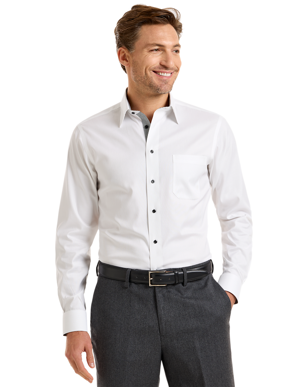 Alternate Shot of Men's White/Black Solid Shirts Trim Inside Neckband  Inside Cuffs  Button Side Of Placket - 1