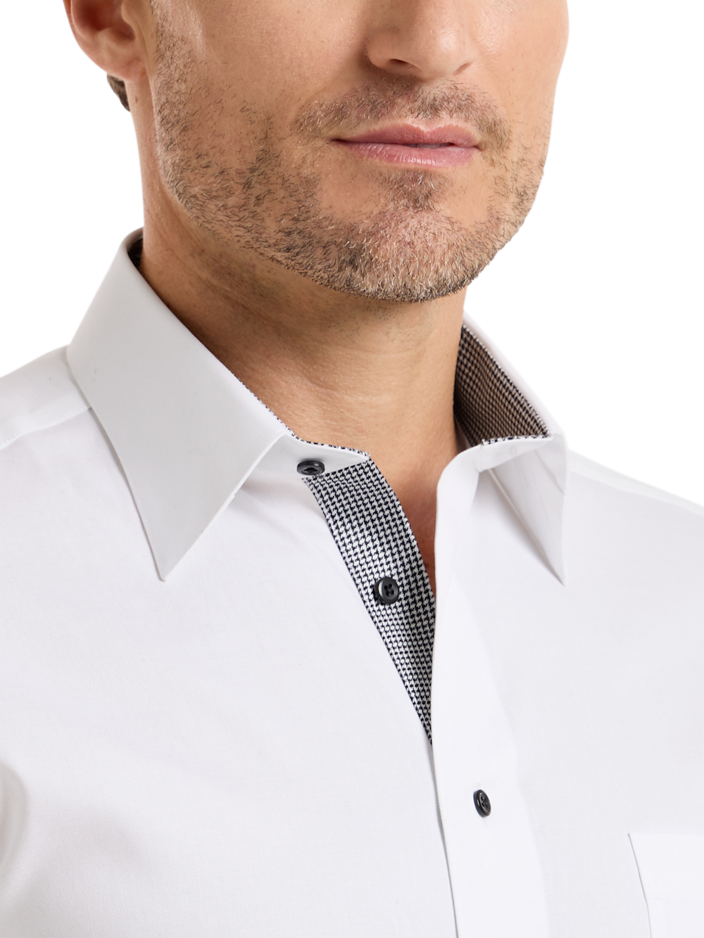 Alternate Shot of Men's White/Black Solid Shirts Trim Inside Neckband  Inside Cuffs  Button Side Of Placket - 2