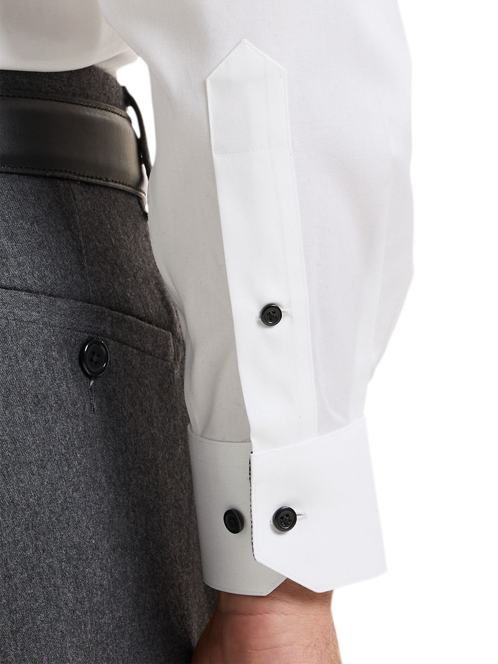 Alternate Shot of Men's White/Black Solid Shirts Trim Inside Neckband  Inside Cuffs  Button Side Of Placket - 3