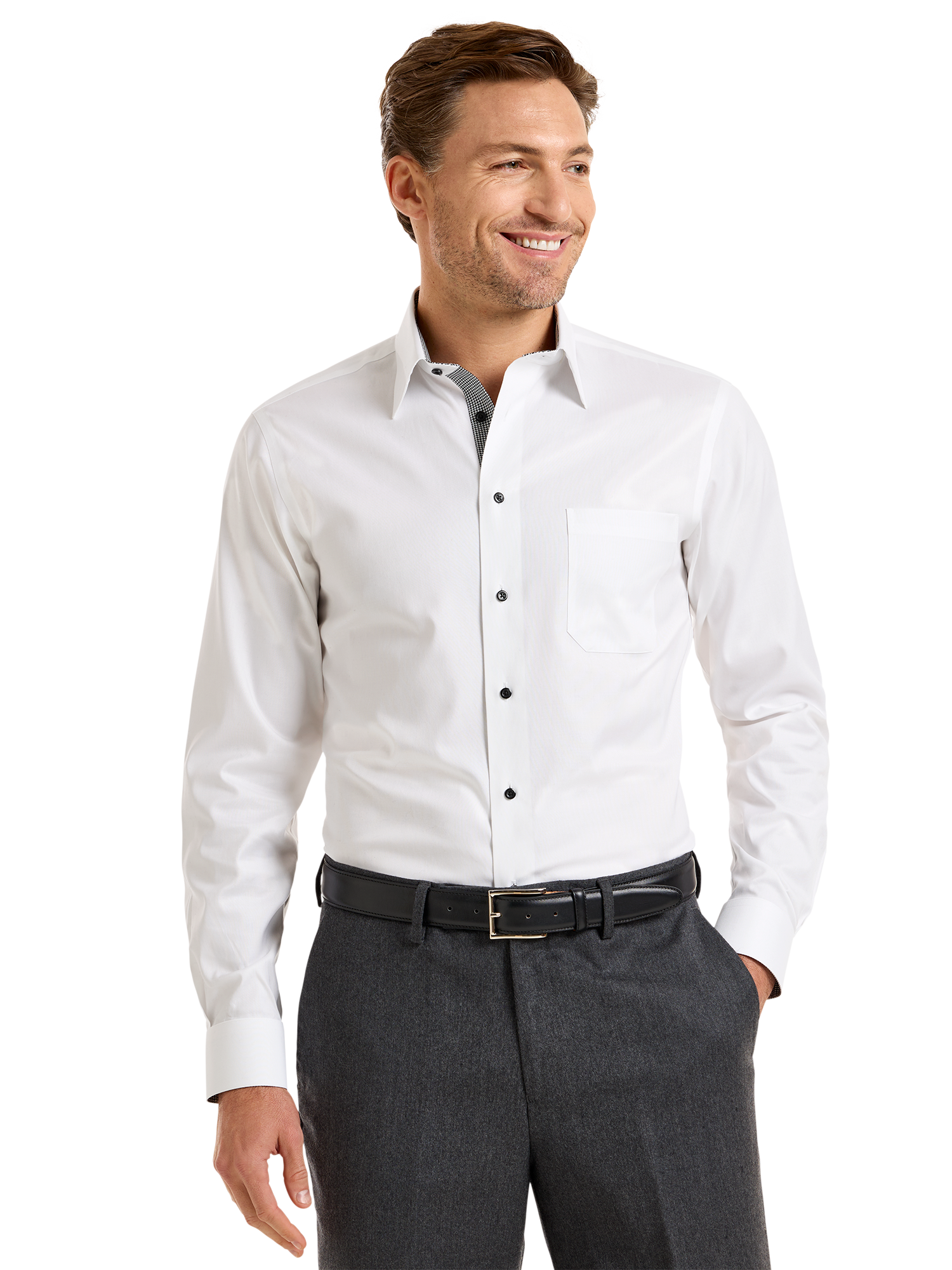 Comfort Stretch Non-Iron Solid Dress Shirt With Contrast Trim - White/black